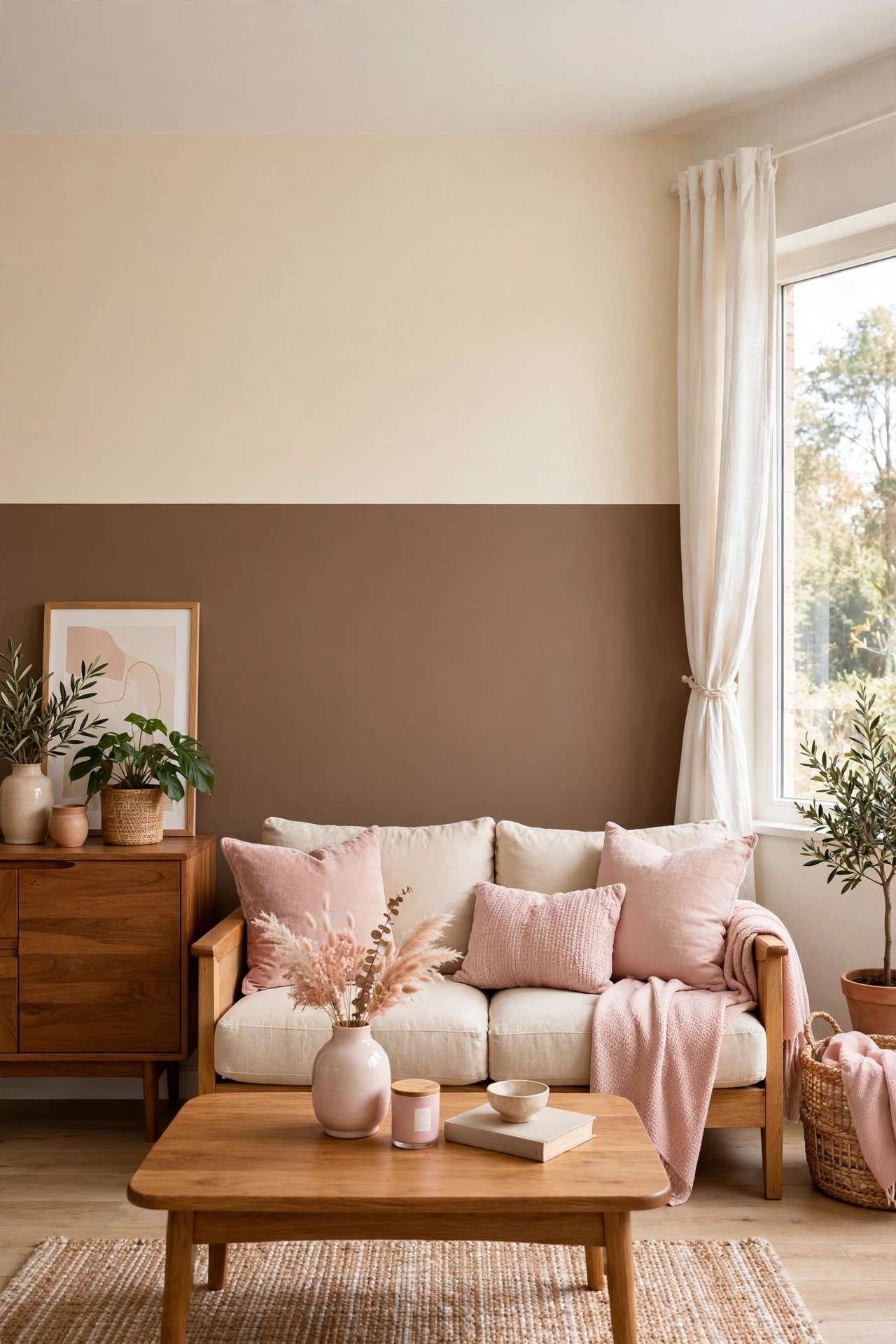 Warm brown and cream two tone wall paint ideas with cozy brown and soft cream on a living room wall
