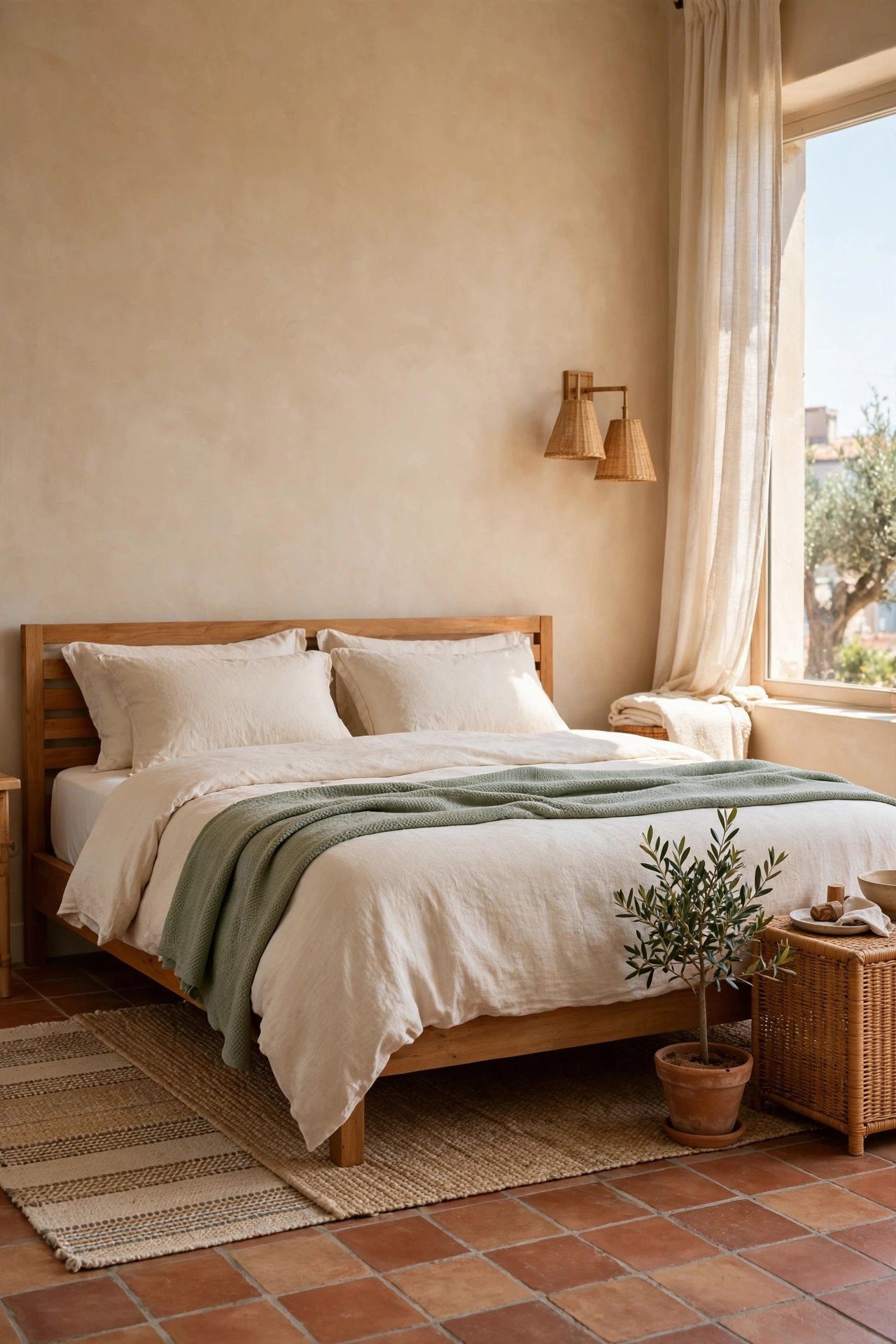 Warm sandy toned Venetian plaster wall in a Mediterranean style bedroom with terracotta tiles