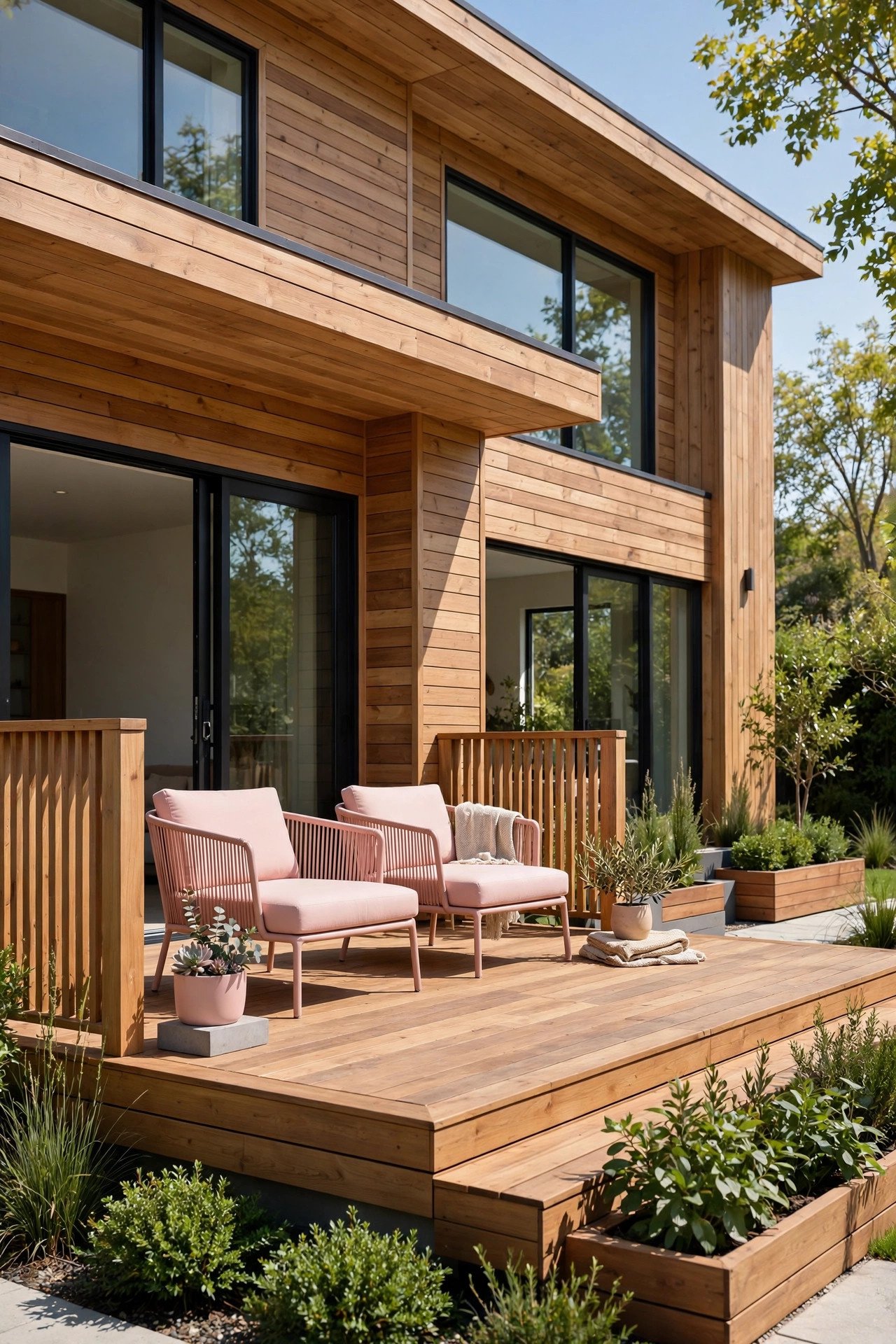 Modern home with wooden deck designed as part of the architecture
