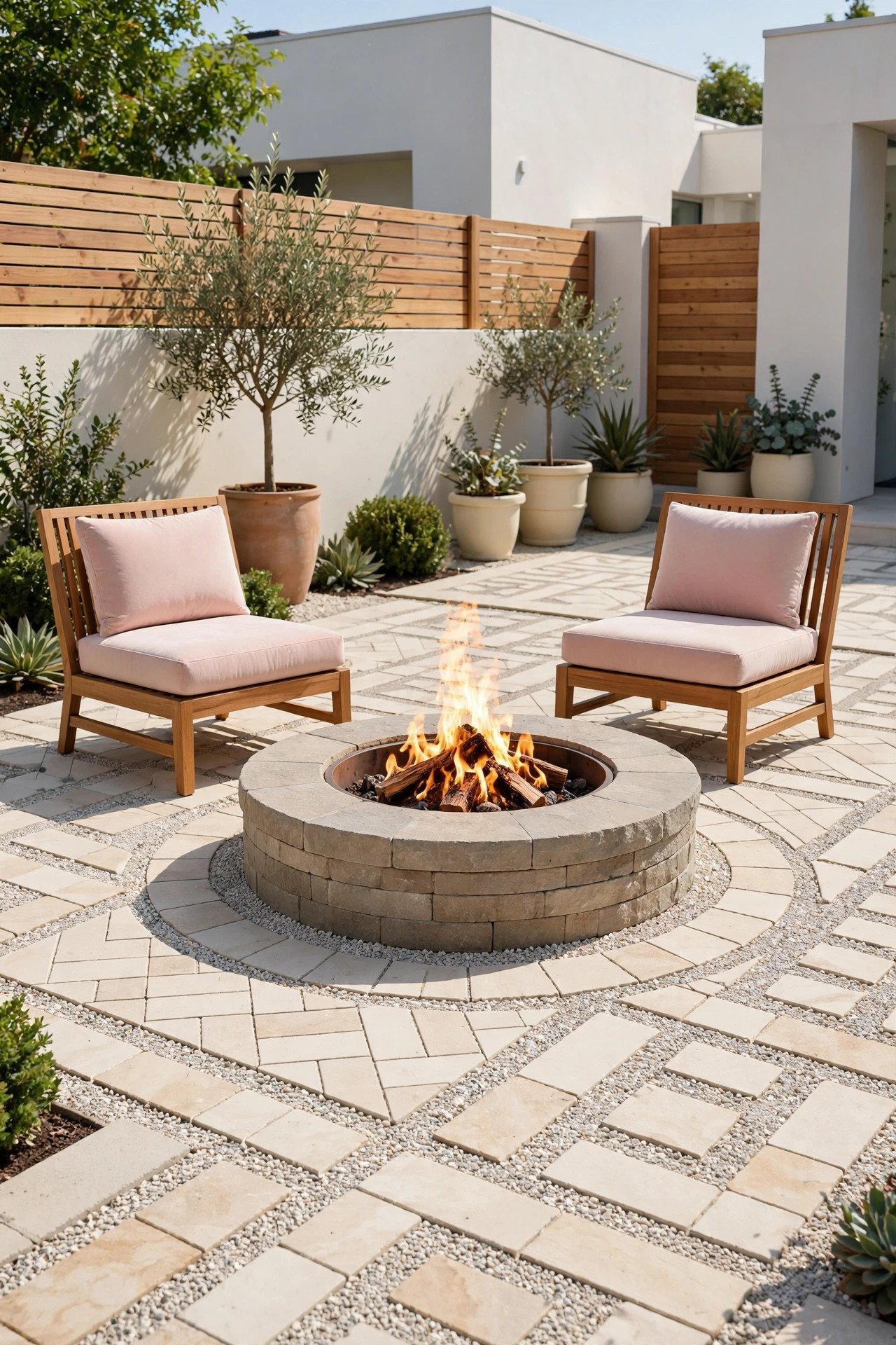 Fire pit on patterned pavers mixed with gravel and blush pink chairs