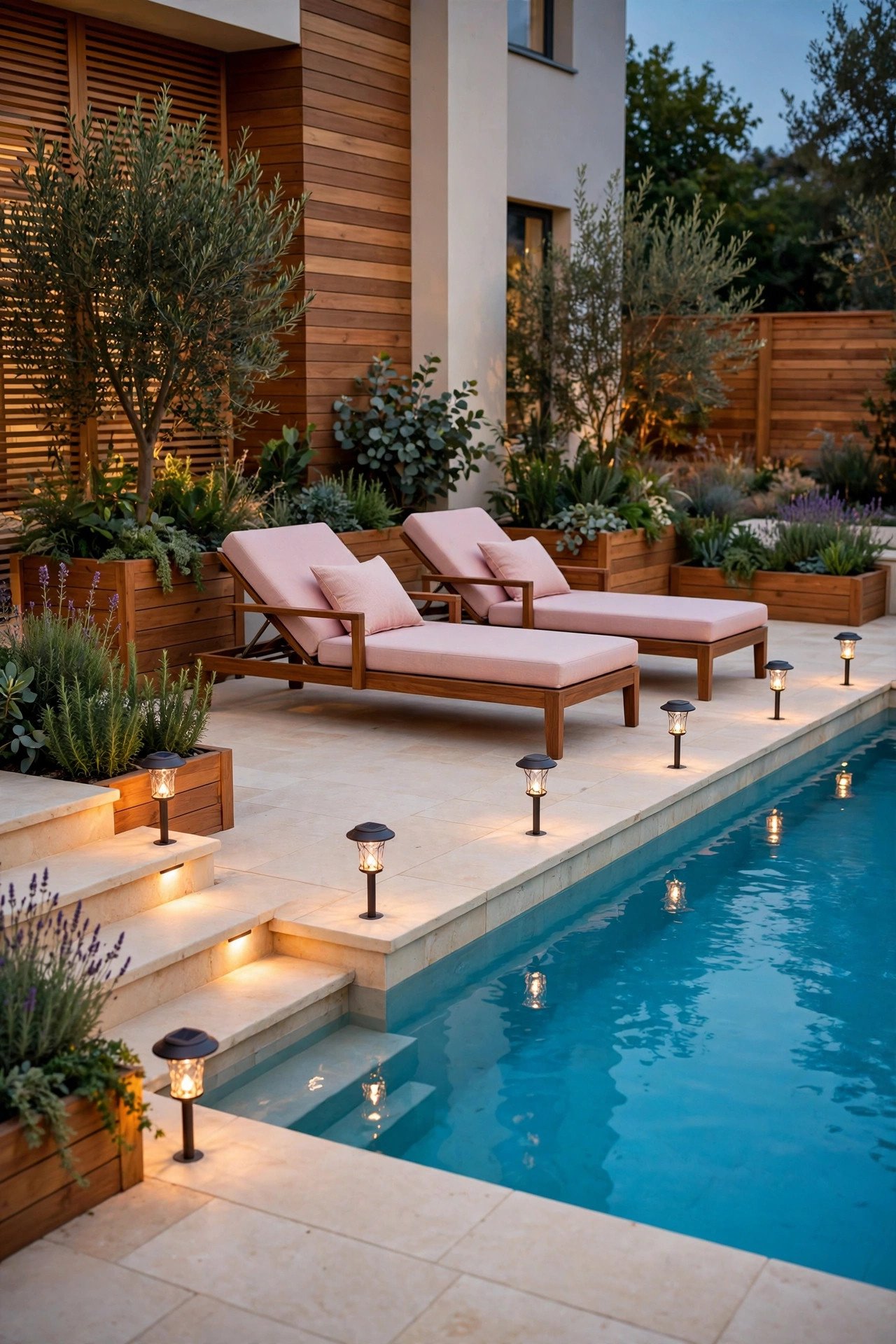 Pool deck lined with solar-powered path lights