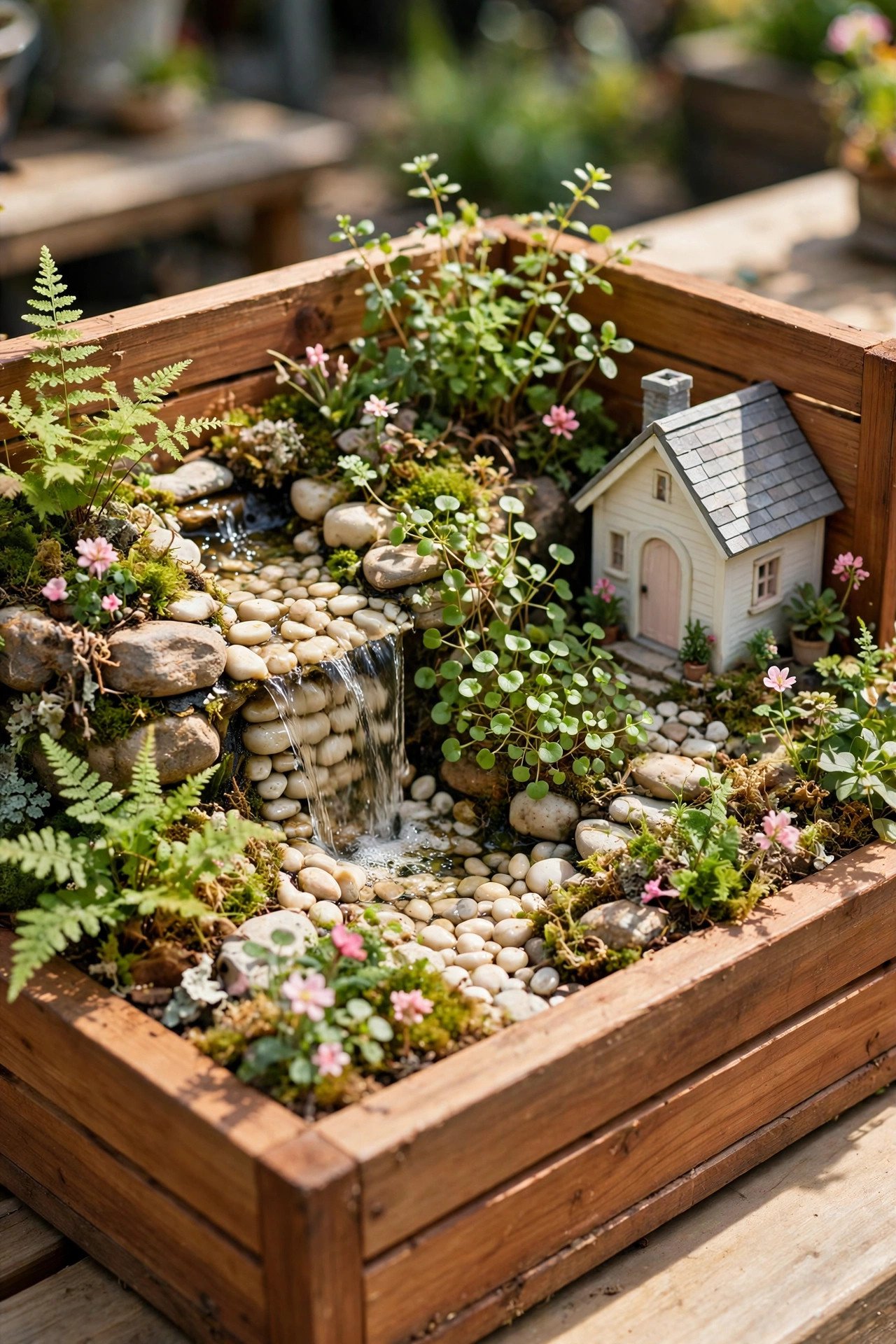 Tiny fairy garden waterfall with miniature plants