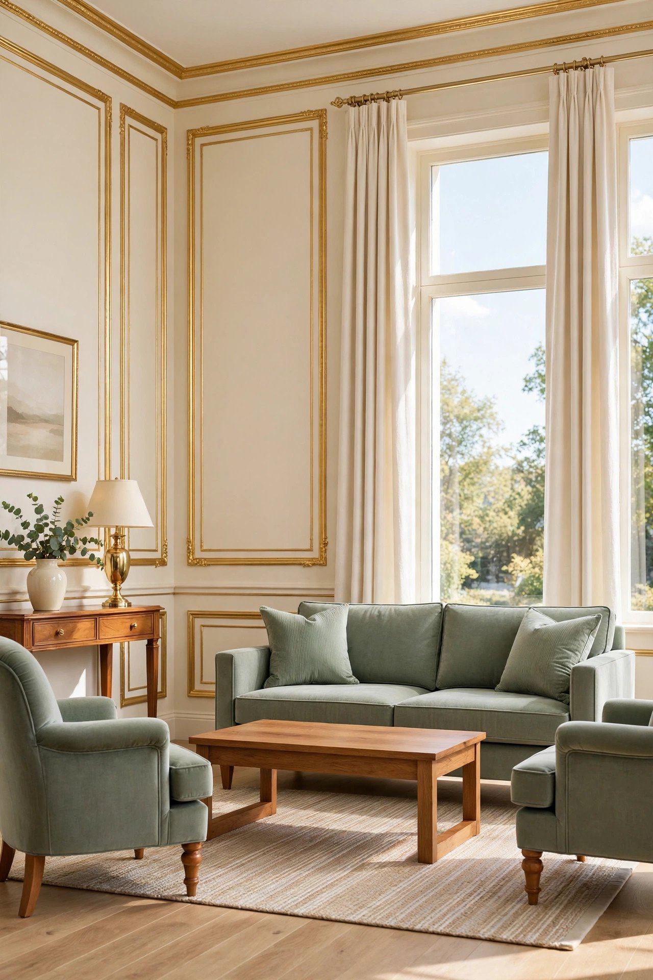 Cream wall panels with regal gold trim molding and elegant traditional furniture in a formal living room