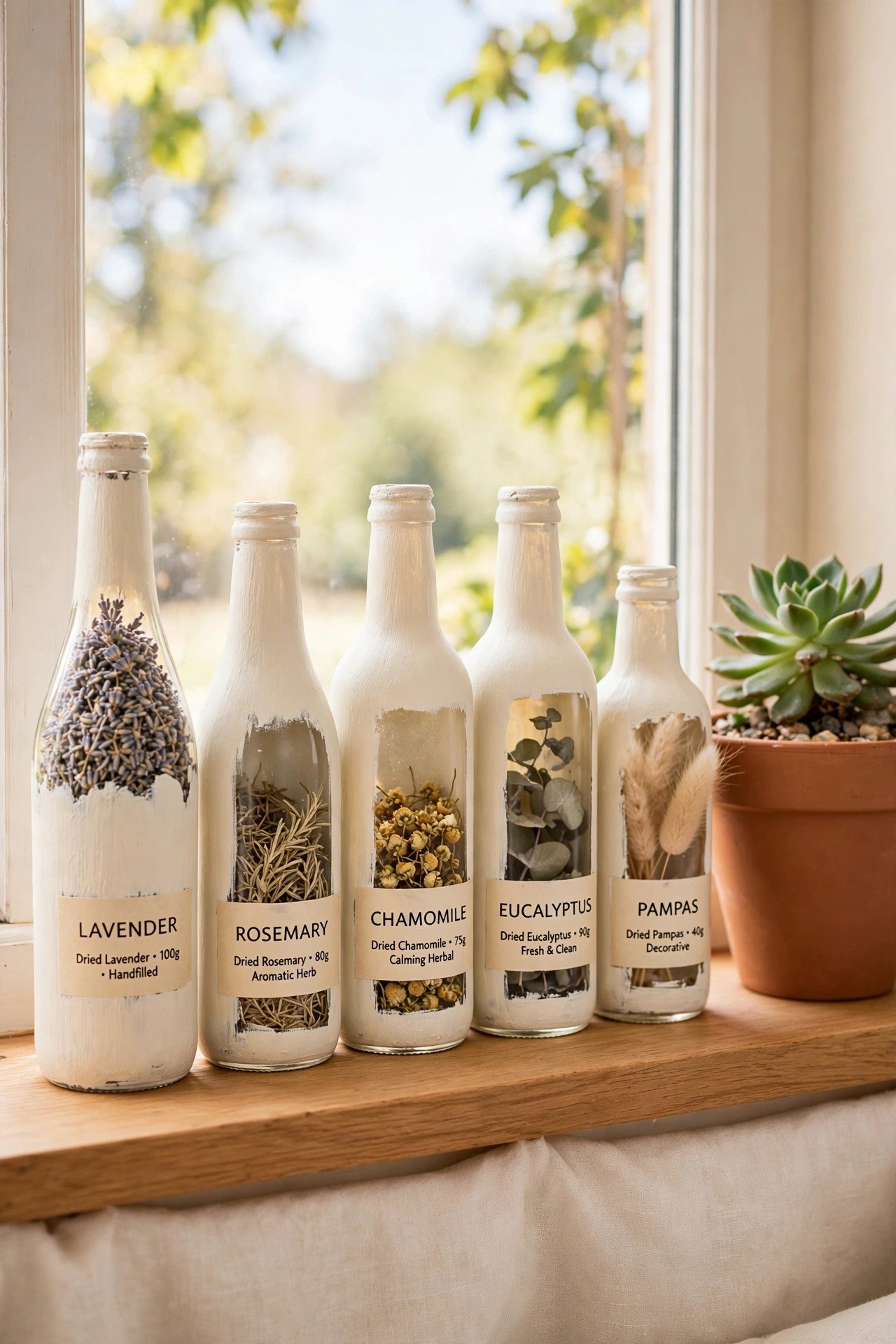 Painted glass bottle vases with chalky paint swirled inside lined up on a windowsill in terracotta tones