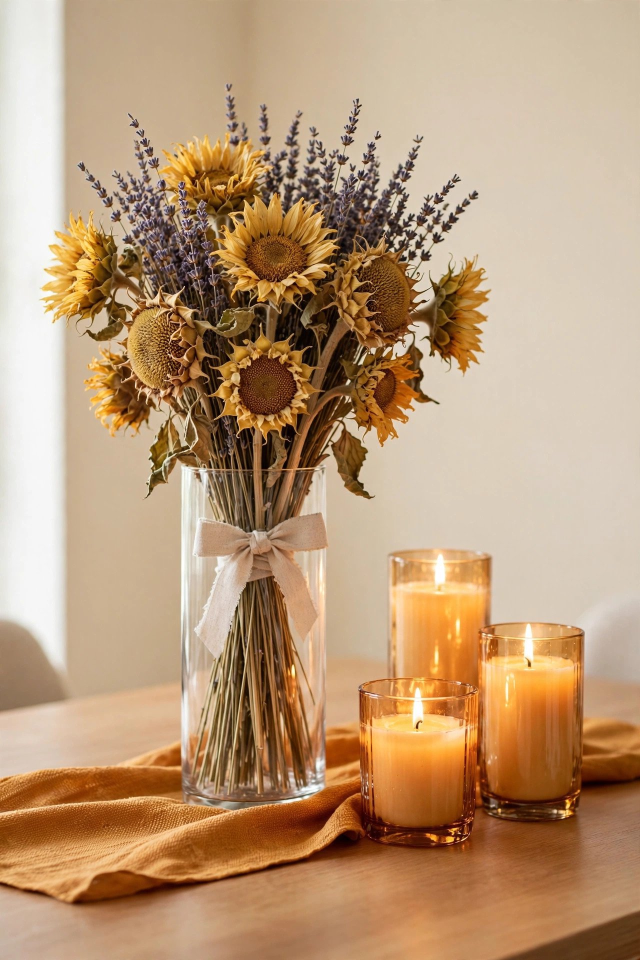 A bundle of dried sunflowers and lavender tied with ribbon