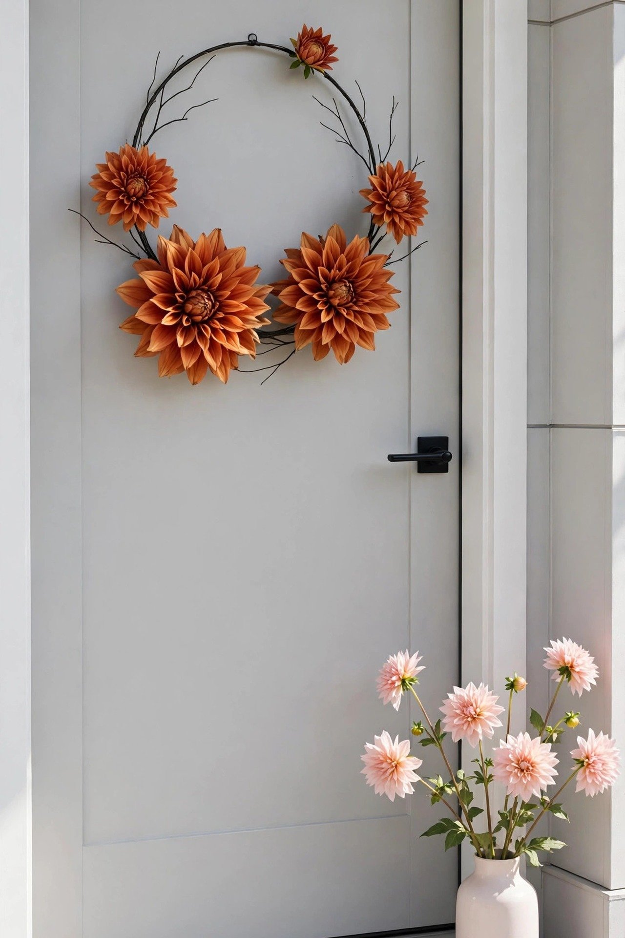Modern wreath of rust-colored dahlias arranged asymmetrically on a bare black wire ring on a gray door