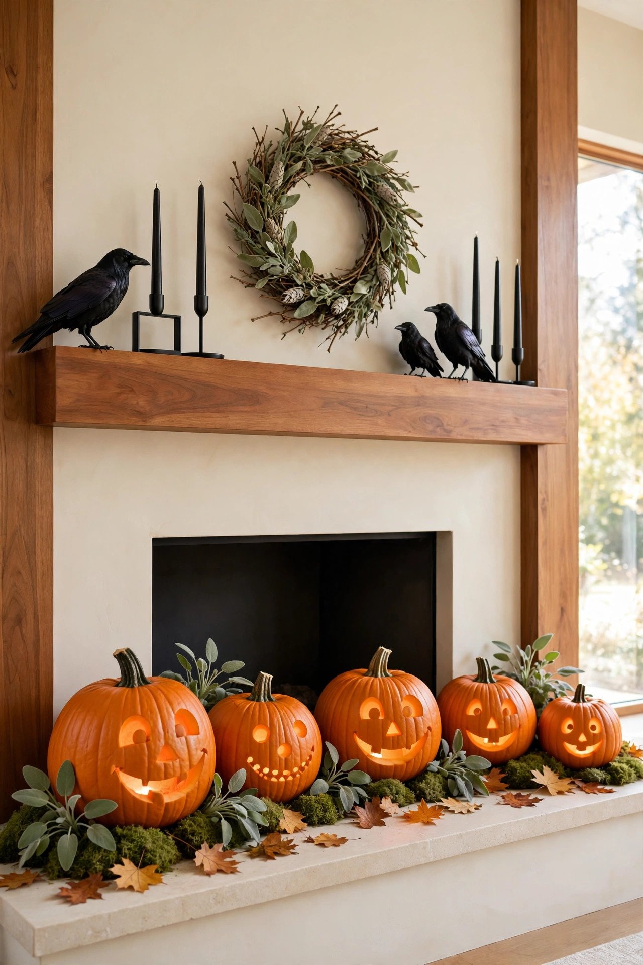 Hearth lined with glowing carved jack-o'-lanterns in several sizes