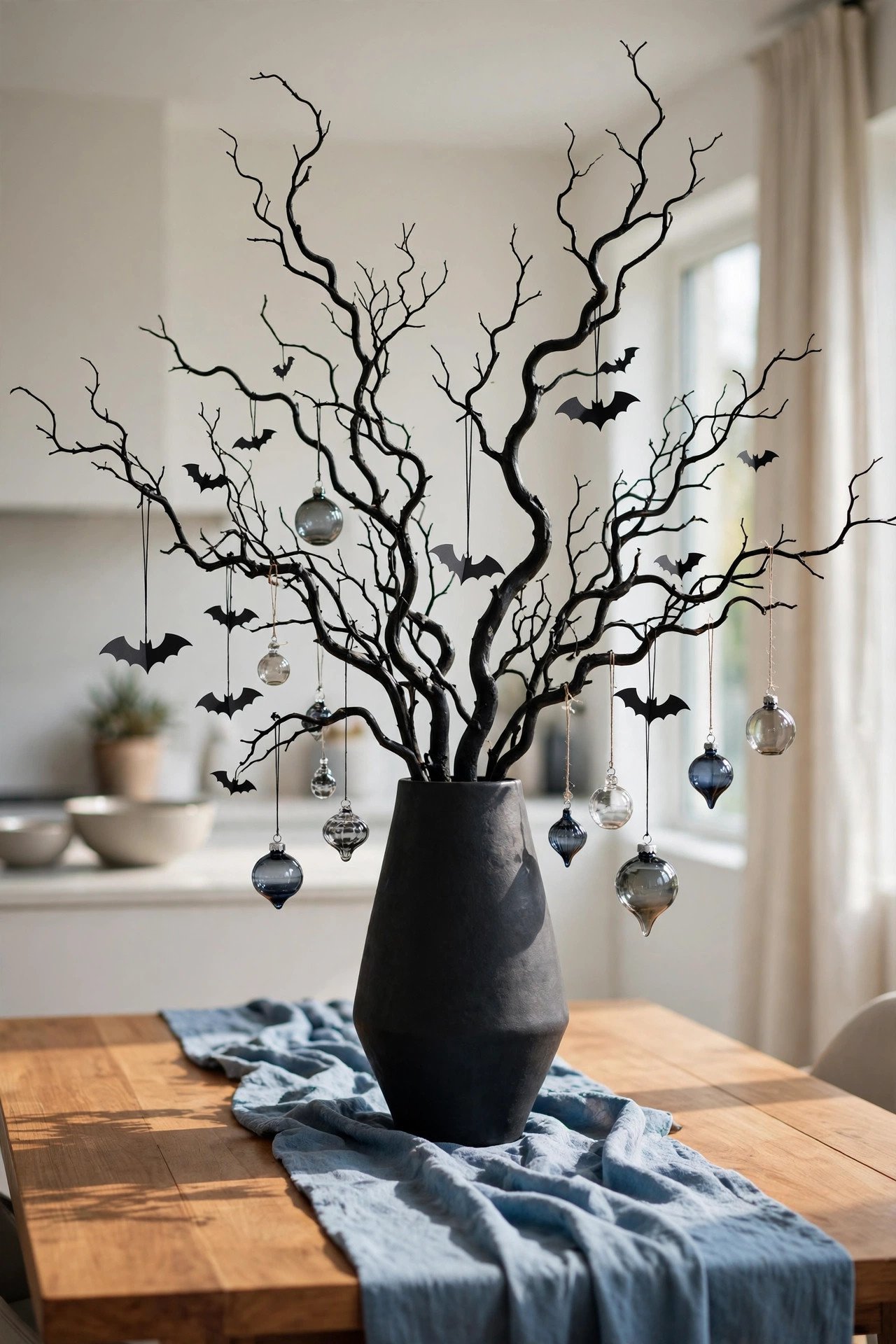 Twisted bare branches with hanging ornaments as a Halloween table centerpiece