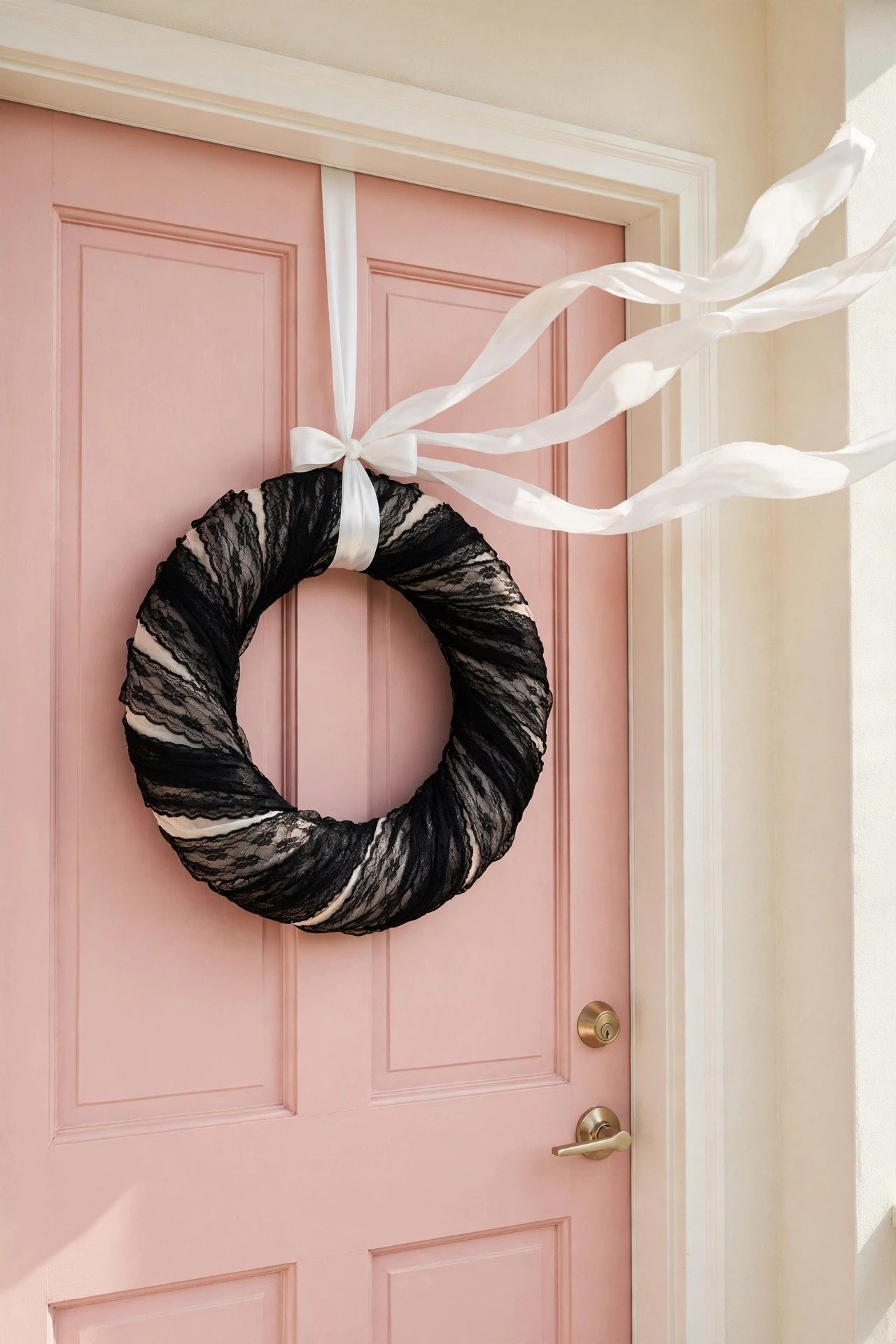 Halloween wreath of black lace with one long white satin ribbon streamer on a front door