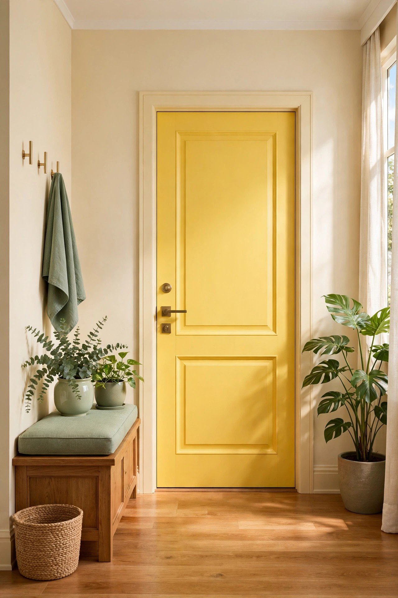 Cheerful sunny yellow painted interior door bringing bright happy energy