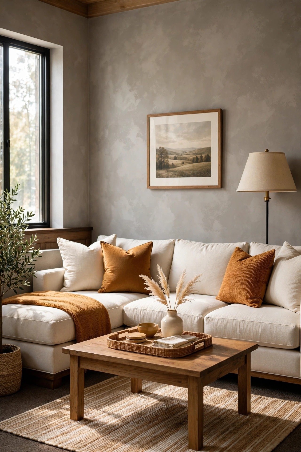 Warm gray limewash wall with gentle texture in a cozy basement lounge with sectional sofa