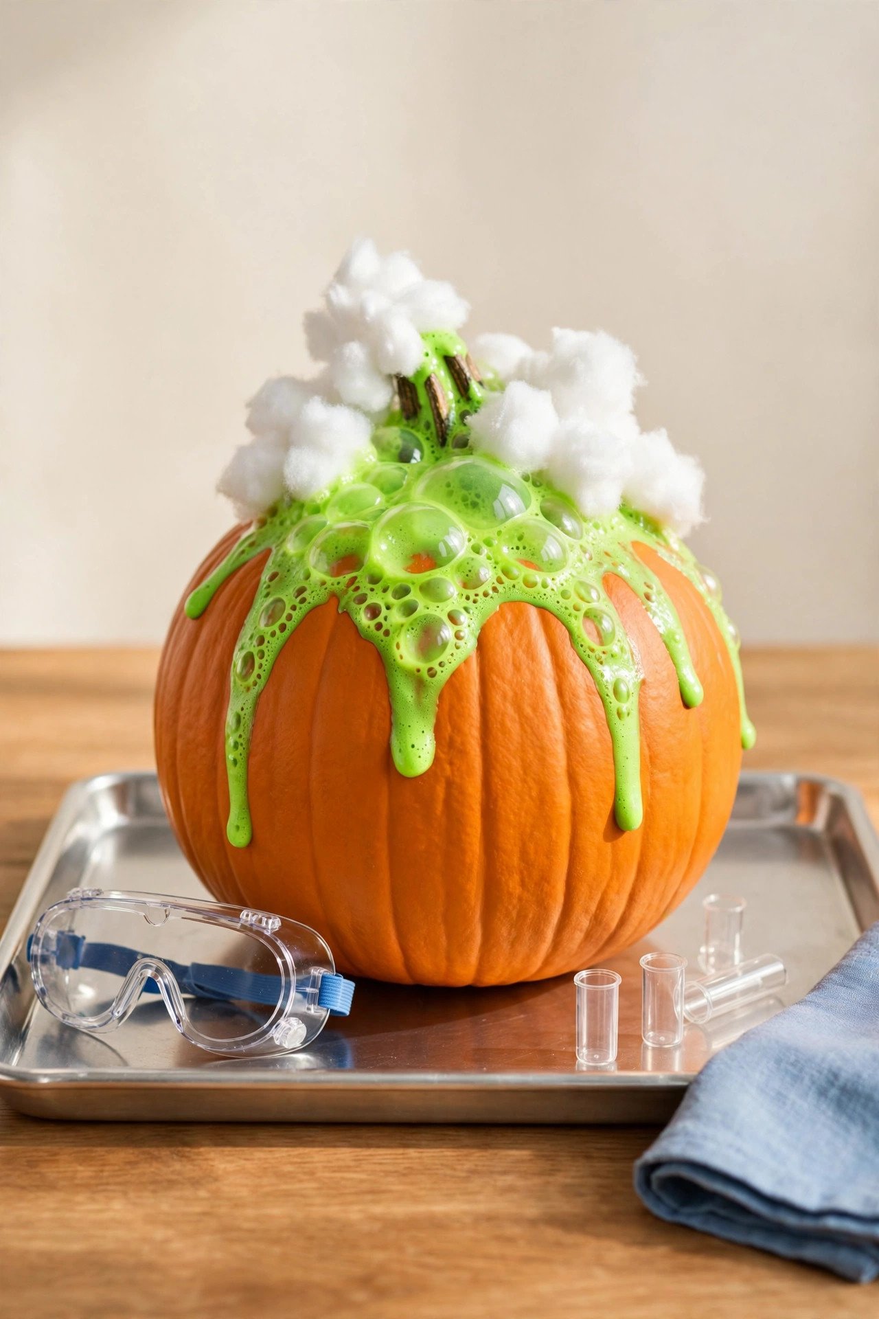 Pumpkin with neon green bubbling paint, cotton ball foam around the stem, and tiny test tubes