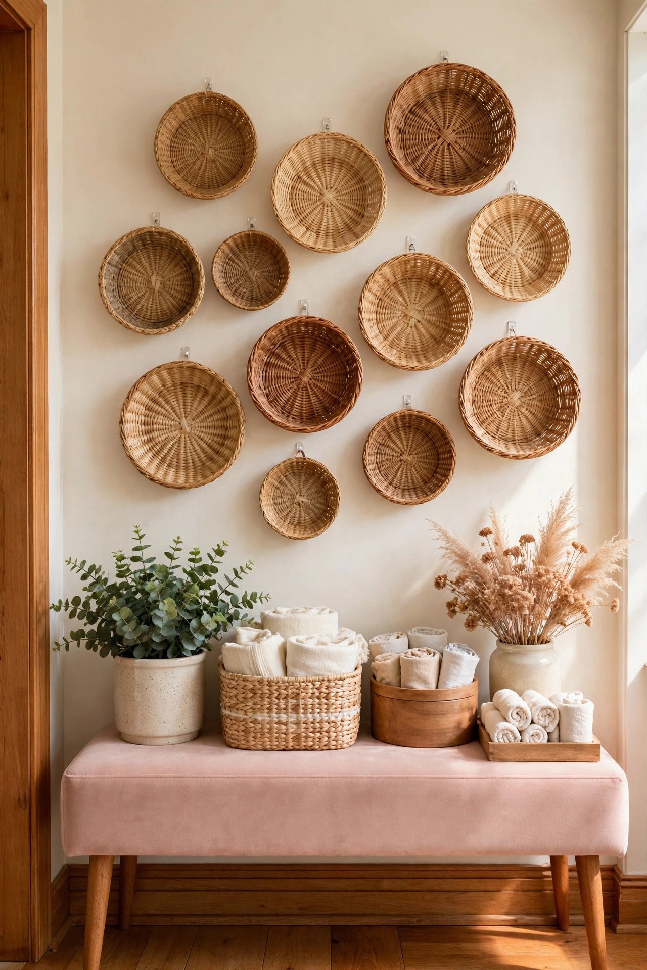 Gallery of woven baskets hung on a wall with adhesive hooks in blush pink tones