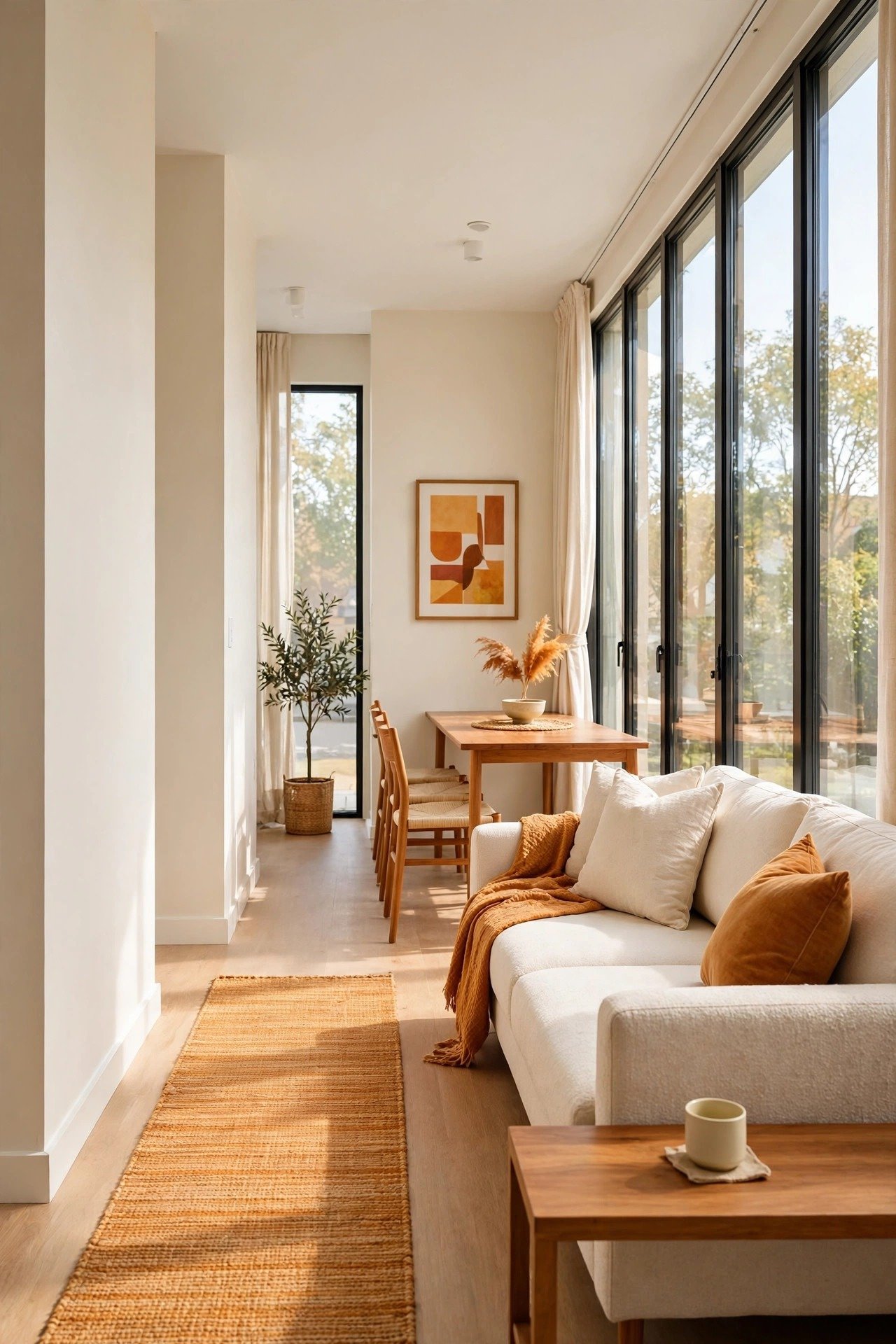 Linear layout in a narrow small living dining combo, furniture aligned along one wall with a clear walkway