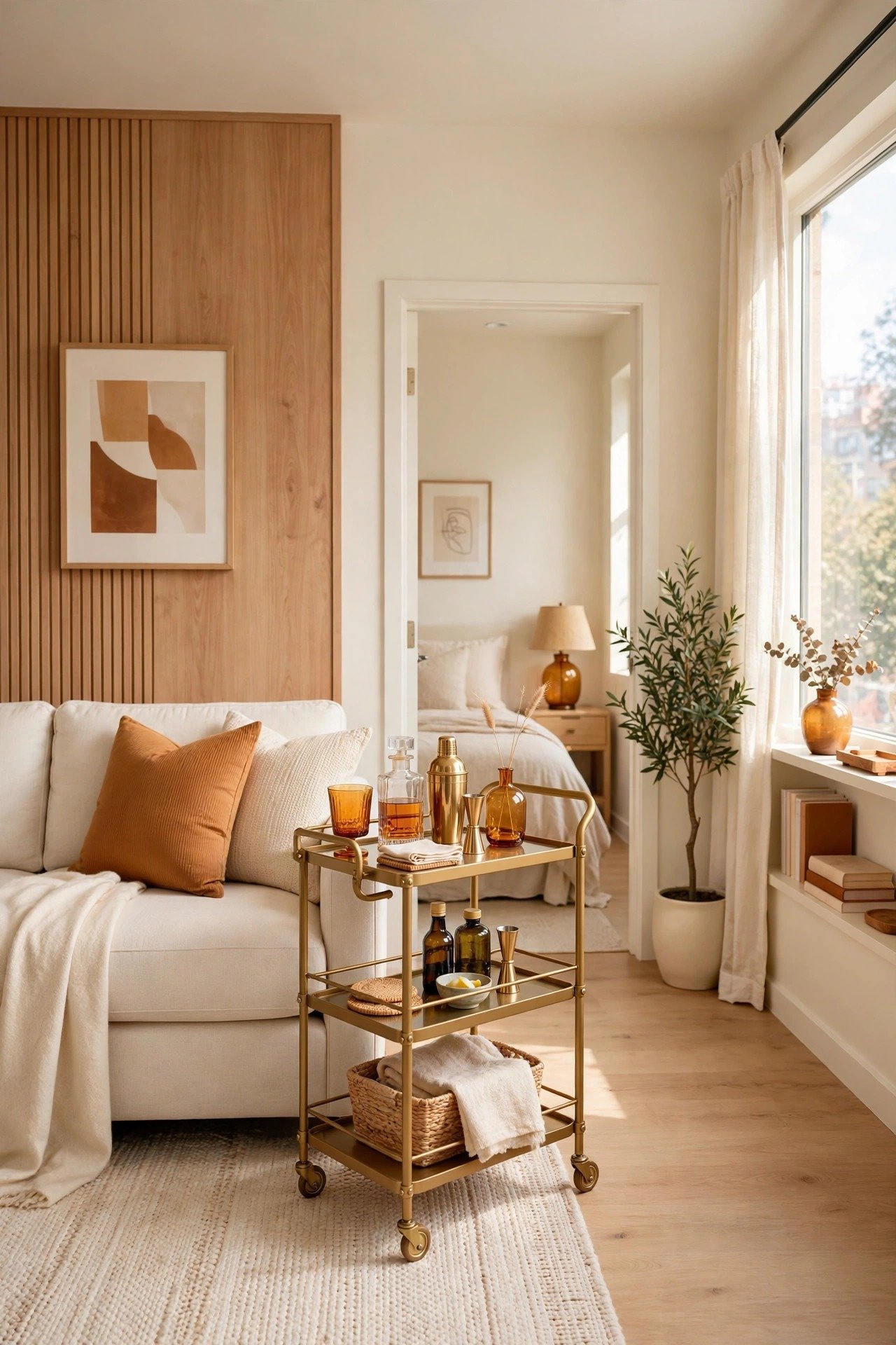 Small one bedroom apartment layout ideas with a rolling bar cart serving as a mobile side table beside the sofa