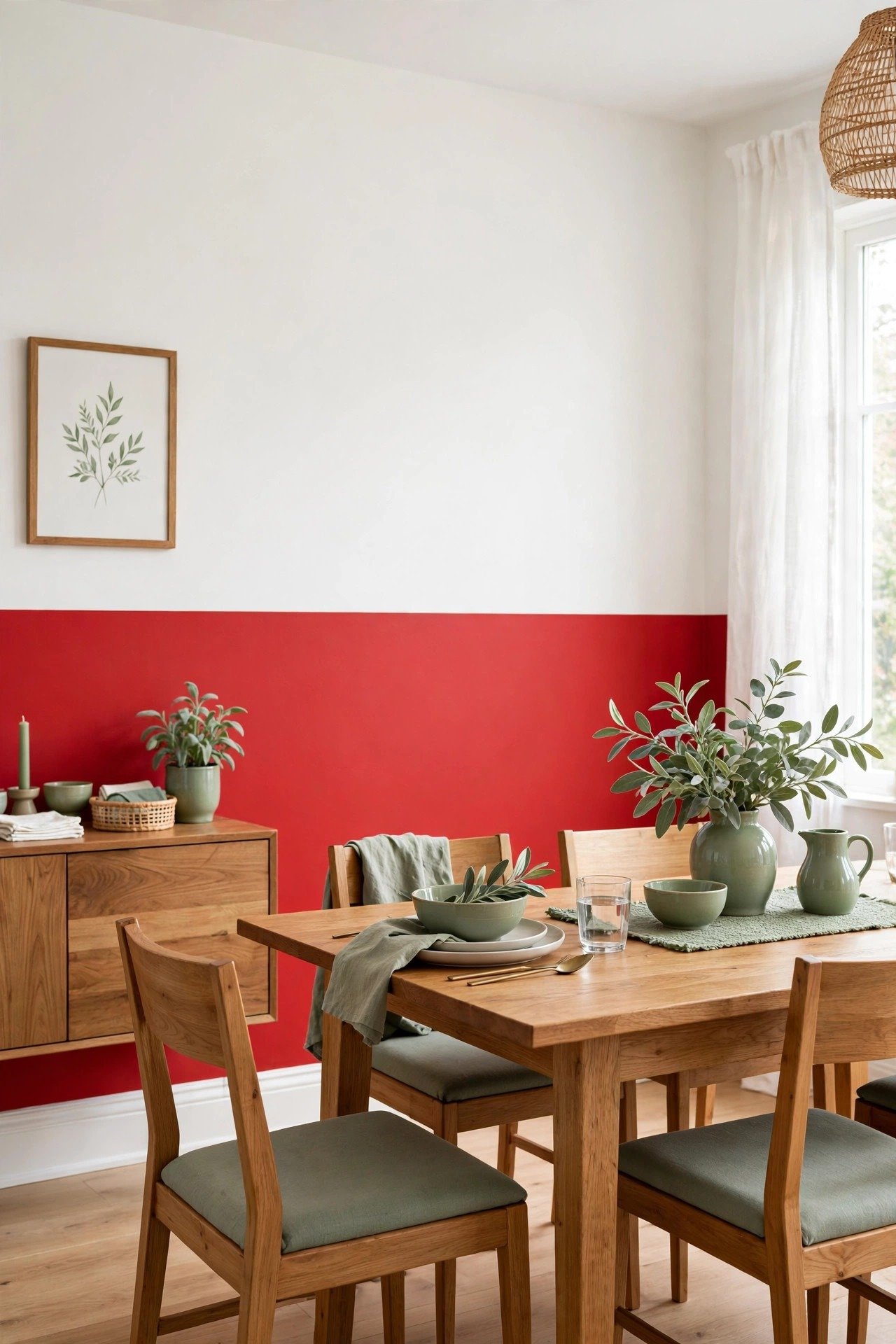 Red and white two tone wall paint ideas with energetic red and crisp white on a dining room wall