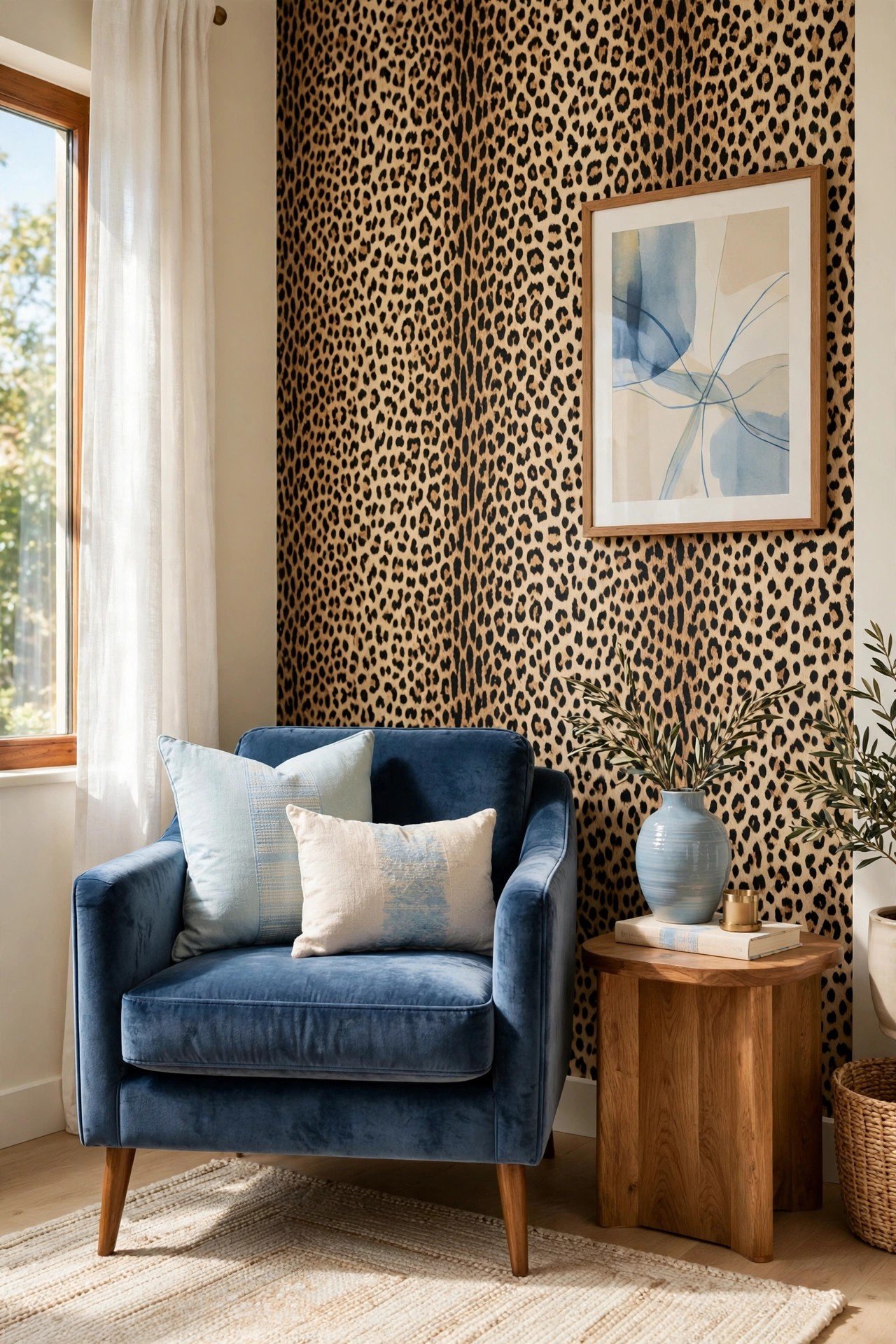 Bold living room accent wall with leopard print wallpaper in tan and black behind a velvet armchair