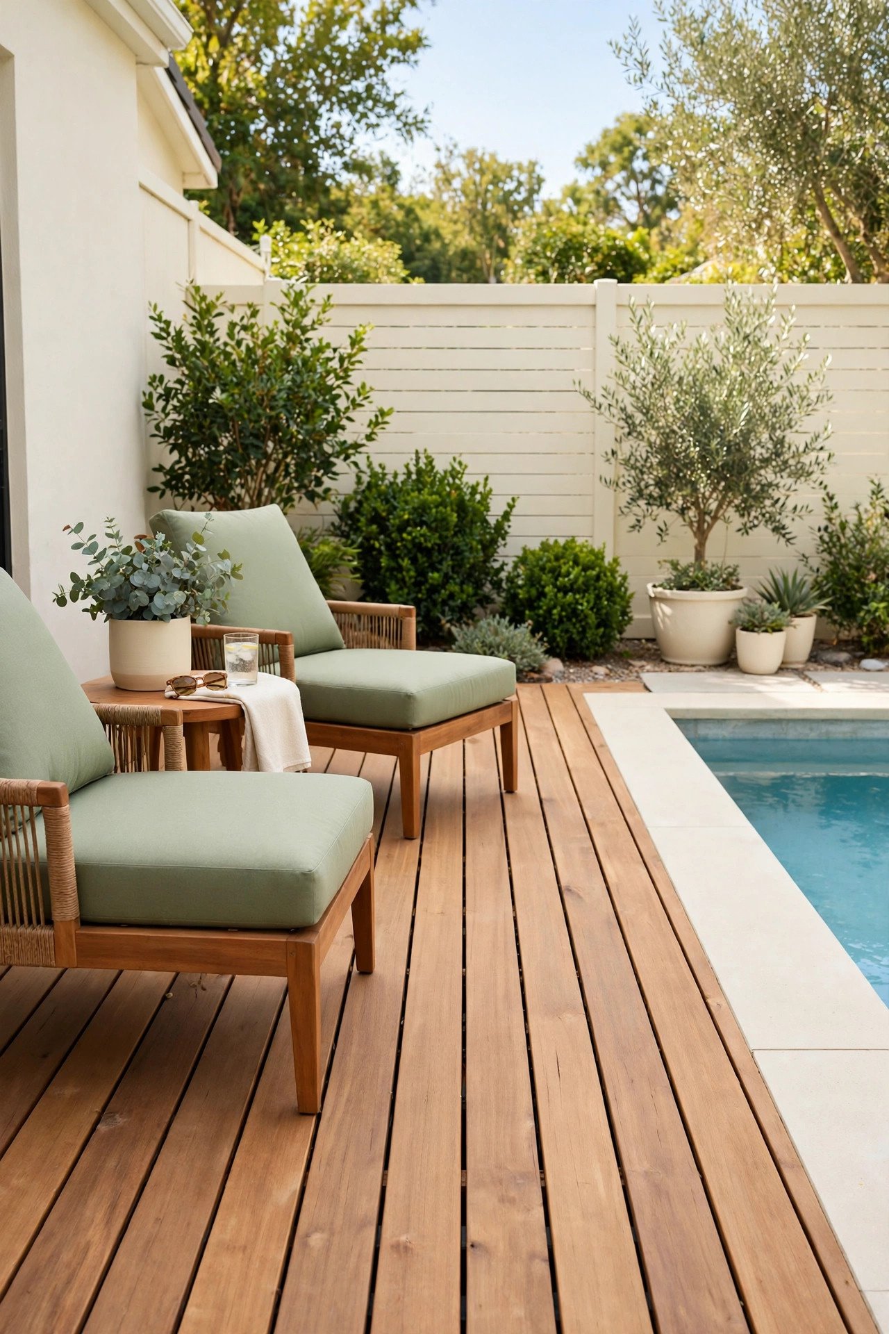 Wooden pool deck with clean boards and comfortable lounge chairs