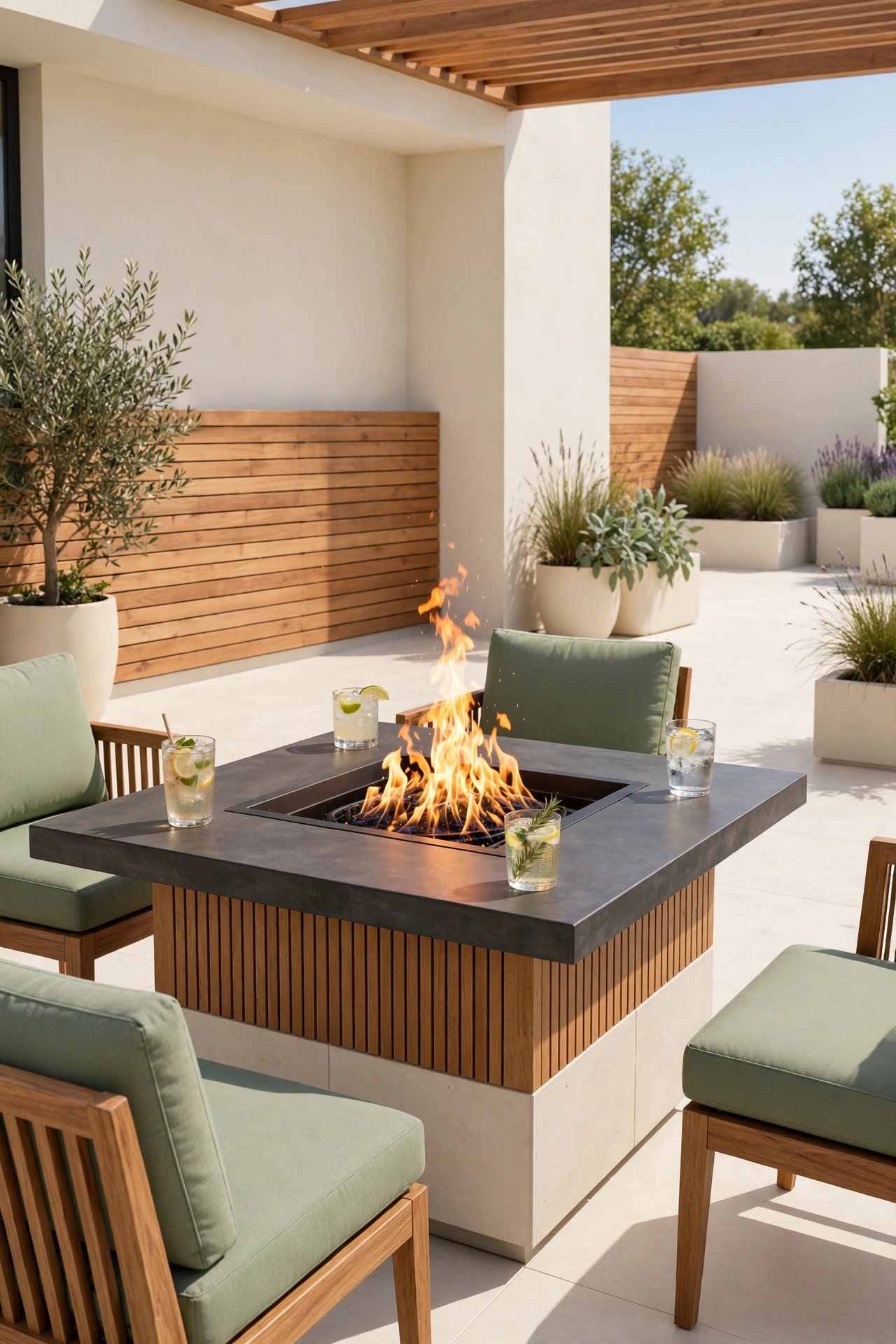 Fire pit table with a central flame and sage green chairs for drinks