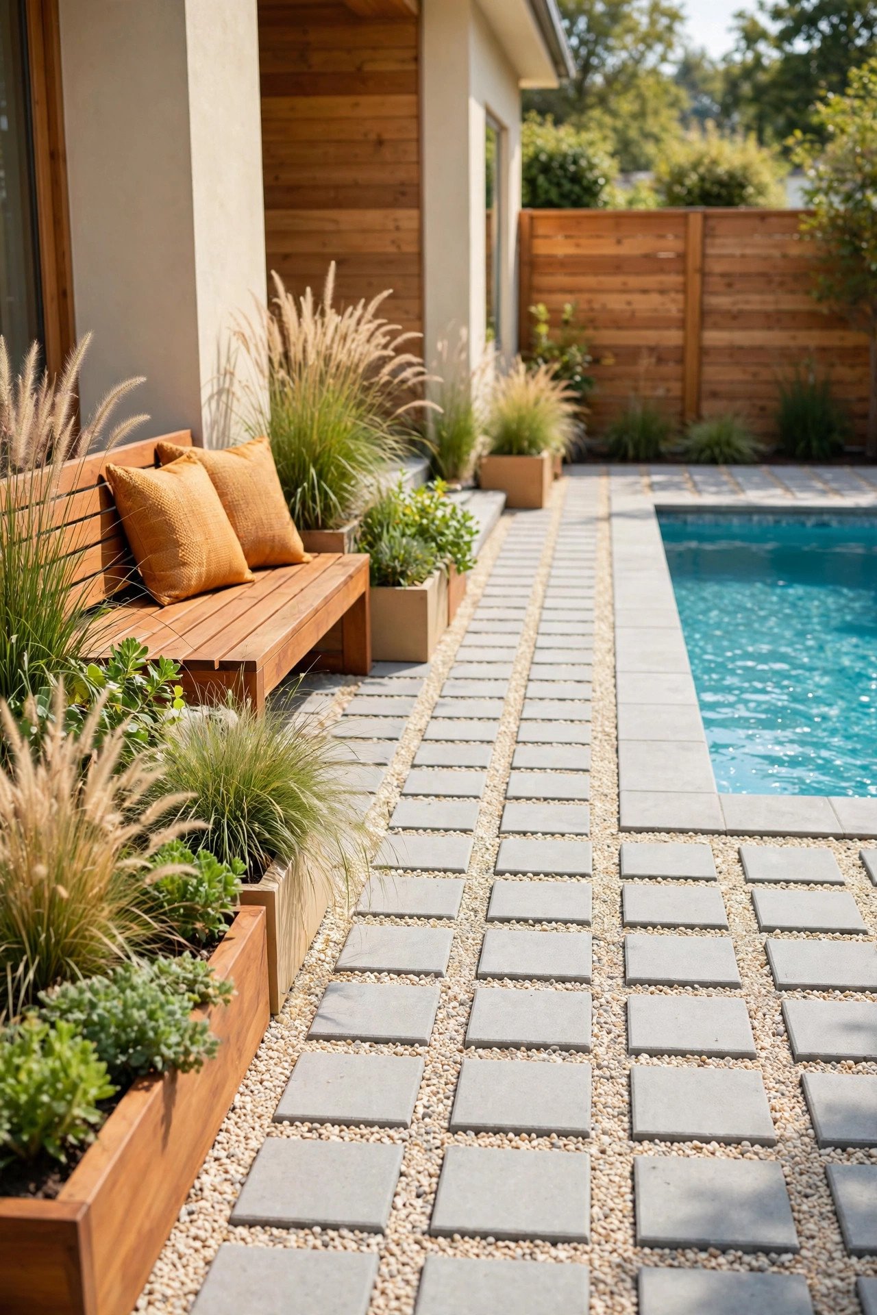 Gravel and permeable paver pool deck with plantings