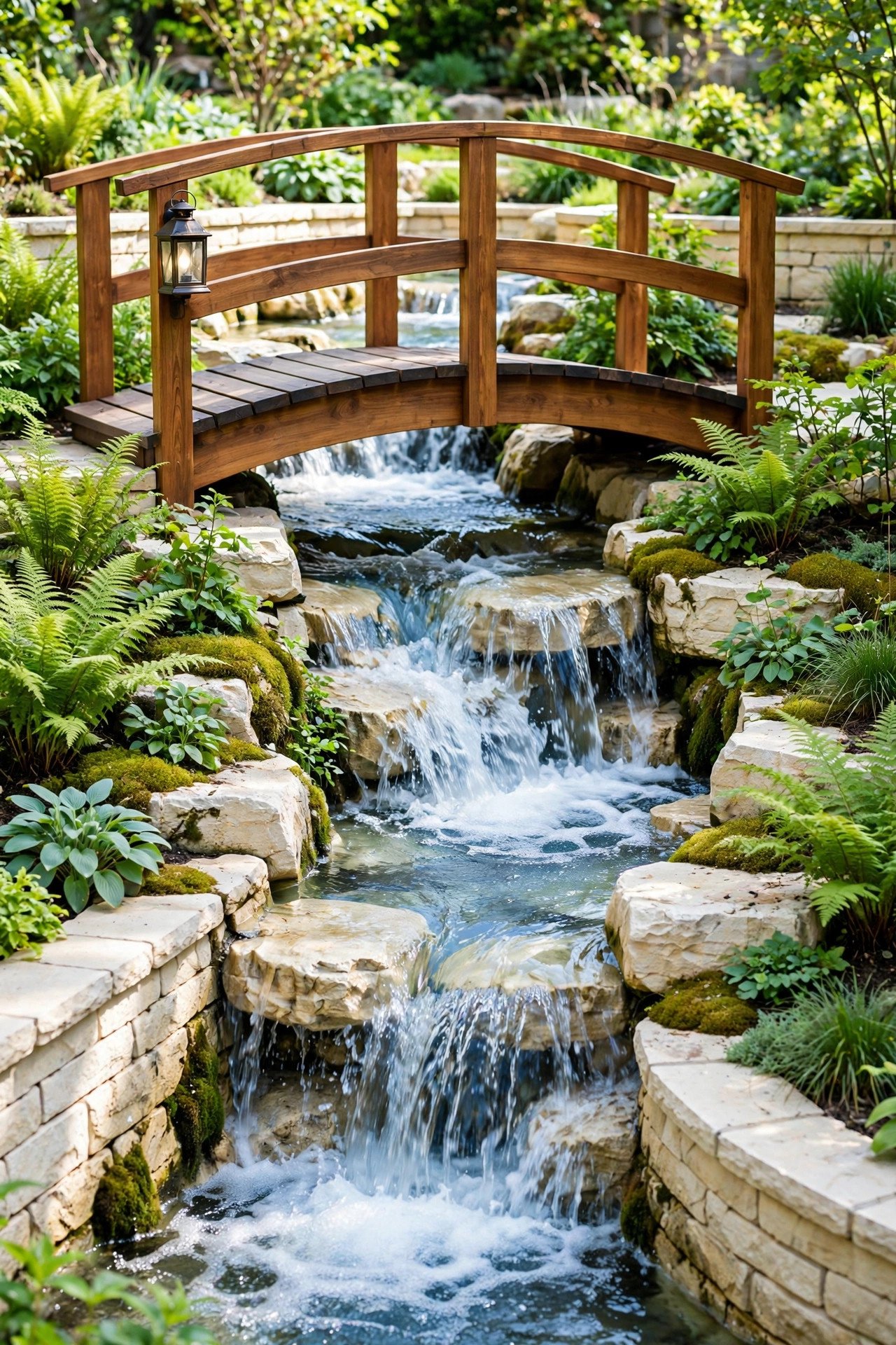 Small wooden footbridge over a waterfall stream