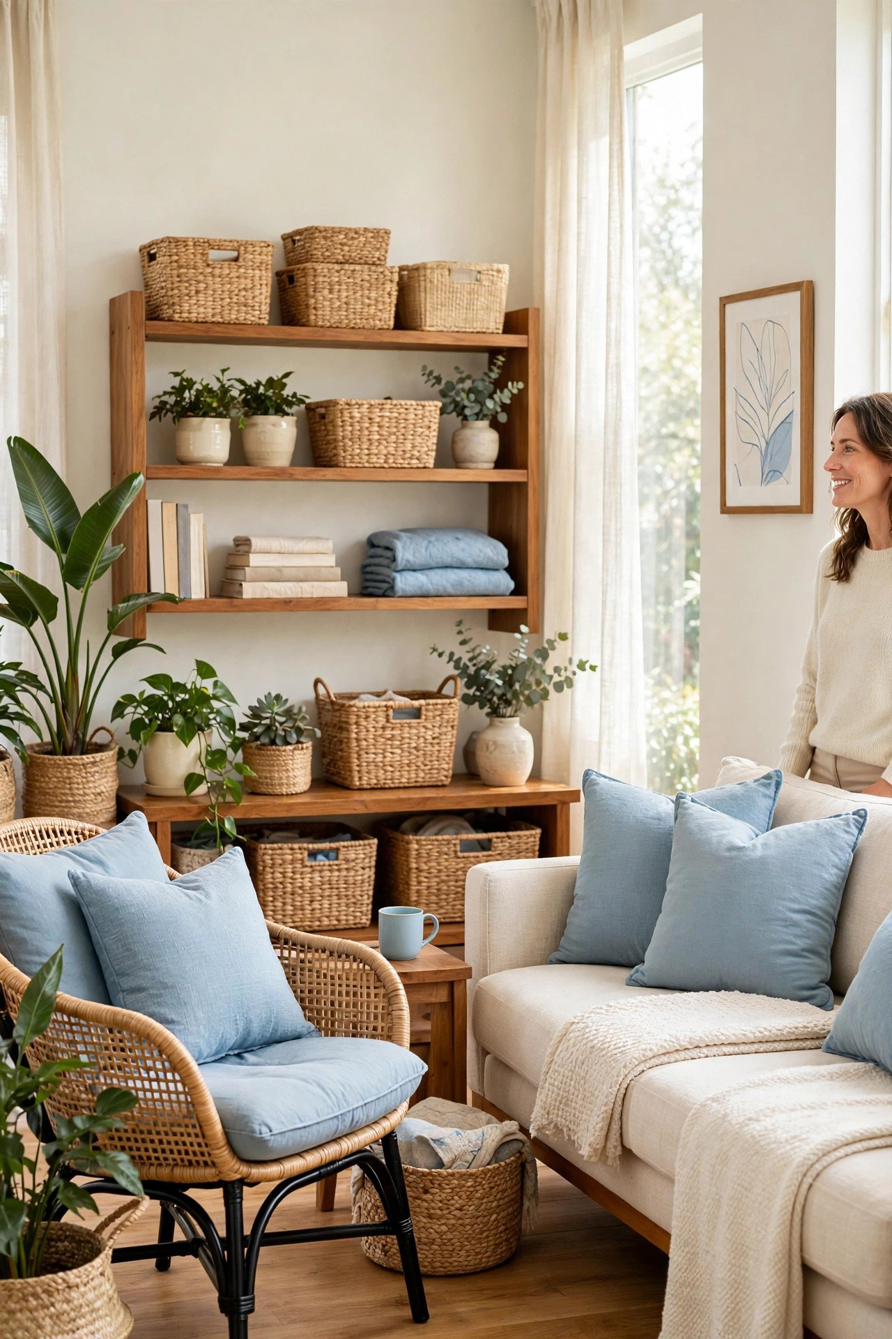 Airy living room with pale walls, greenery, and a woven accent chair