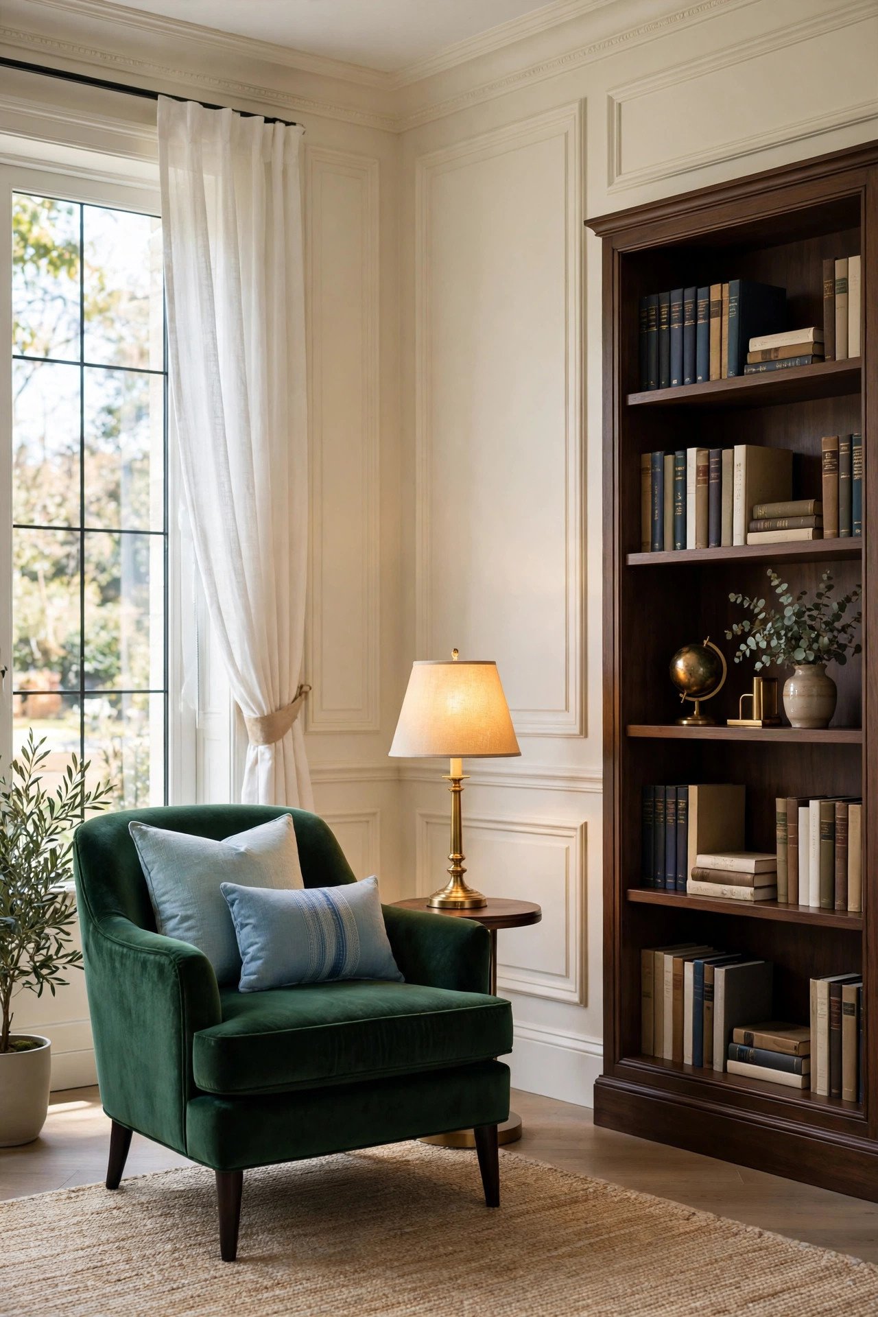 Elegant wall molding with deep emerald green velvet accent chair and warm lamp light in a library lounge