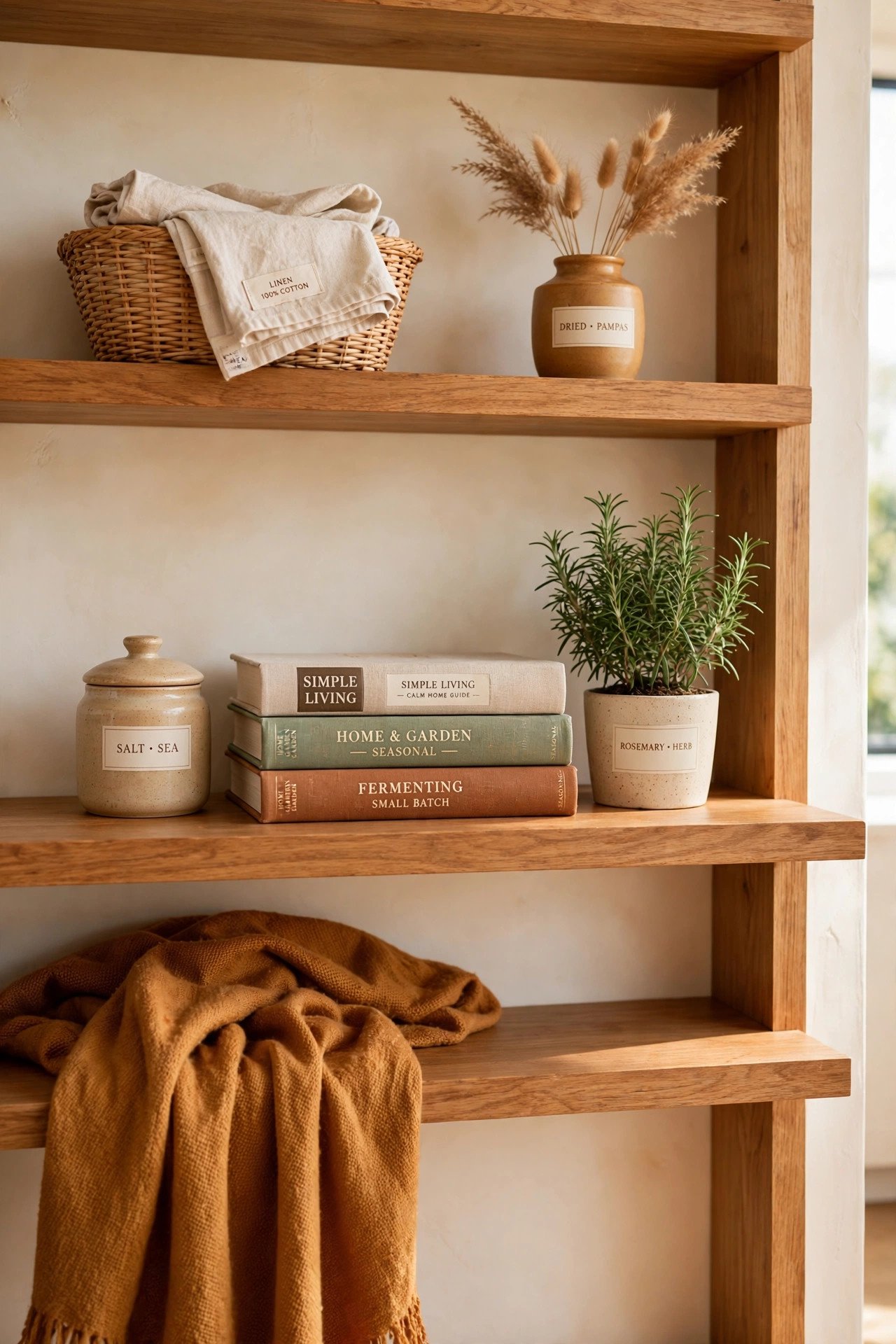Styled open shelves with books, a small plant and dollar store objects in odd numbered groups in amber tones