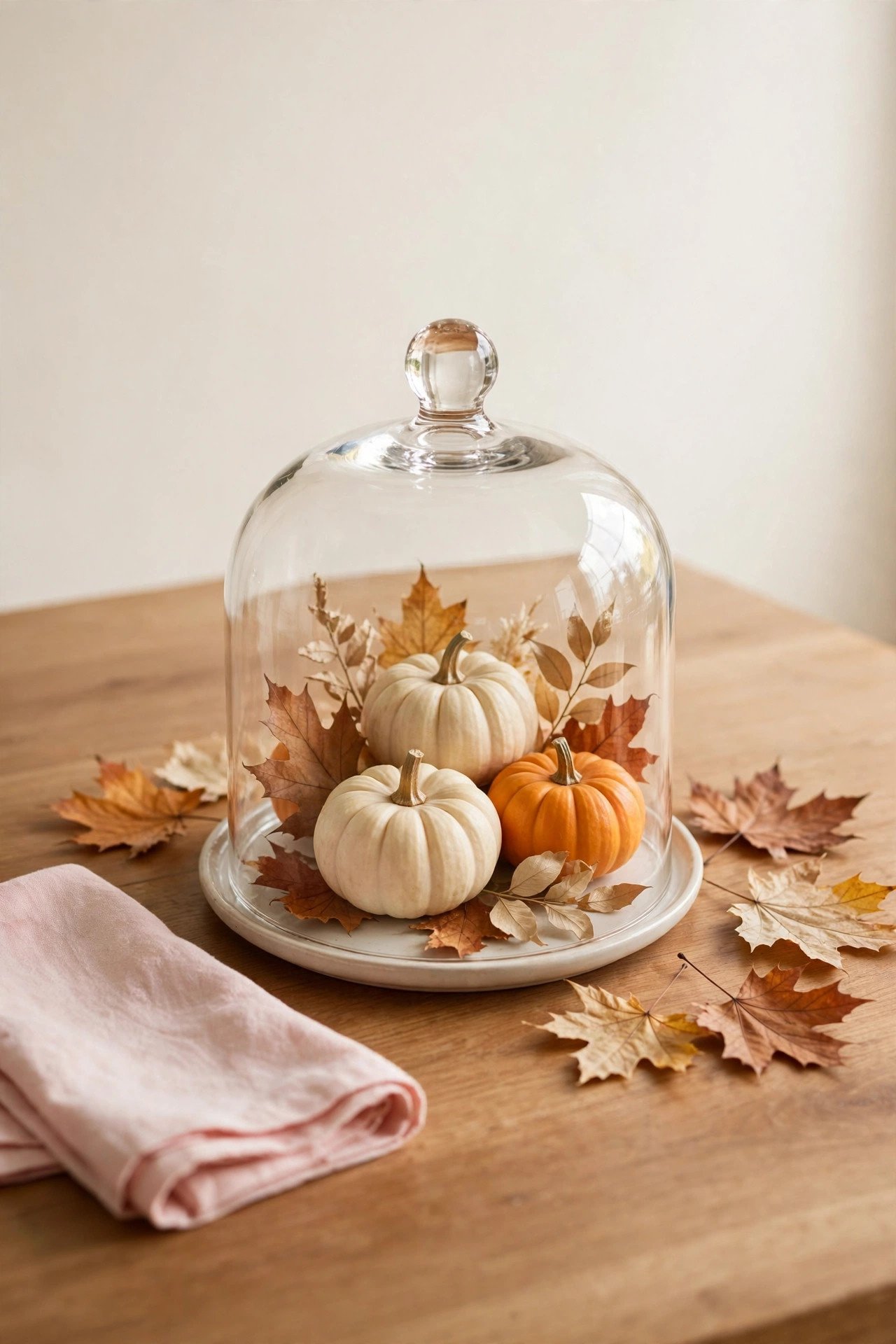 A glass cloche covering mini pumpkins and autumn leaves