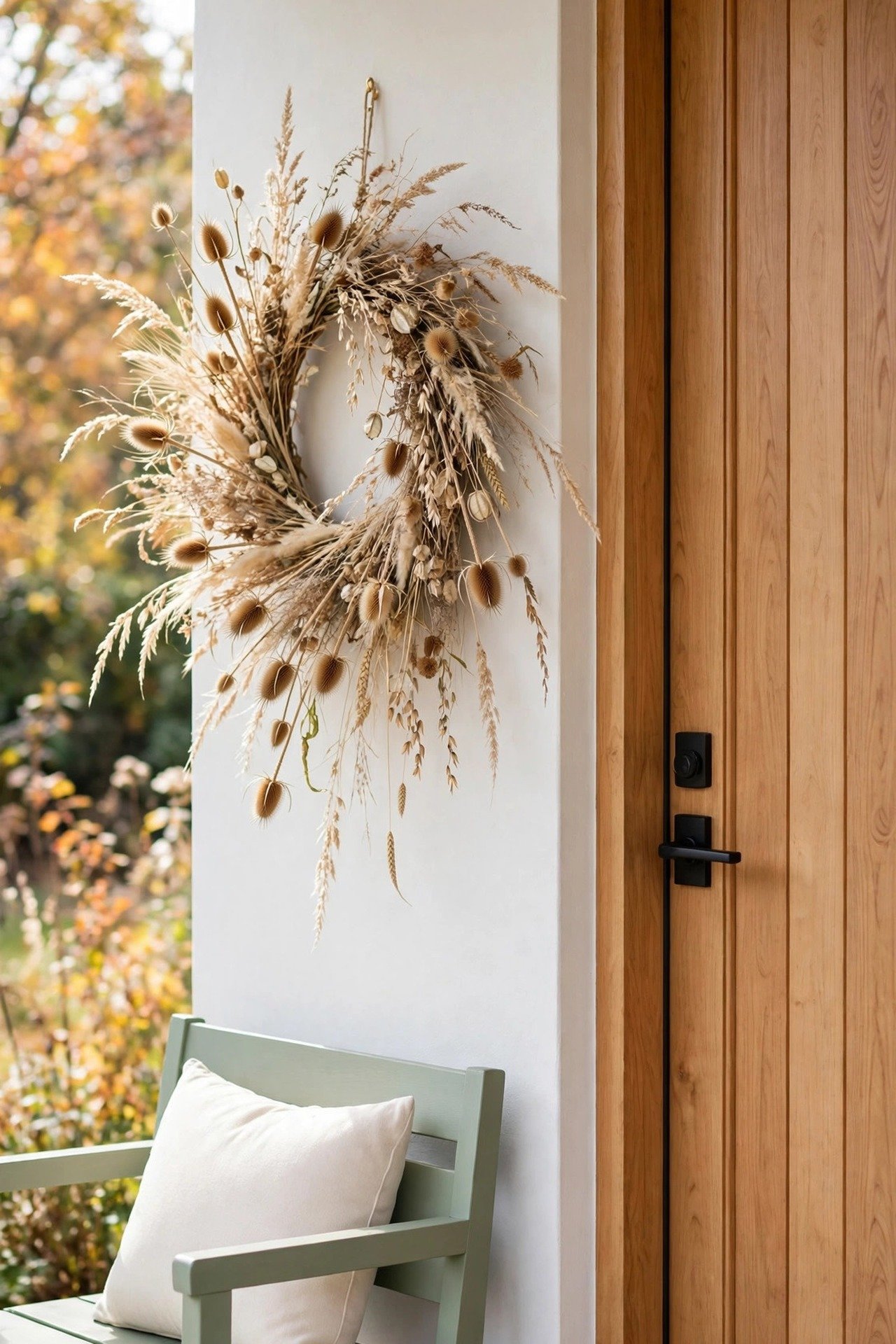 Airy wreath of dried meadow seed heads, grasses and teasels on a sheltered porch wall beside a wooden door