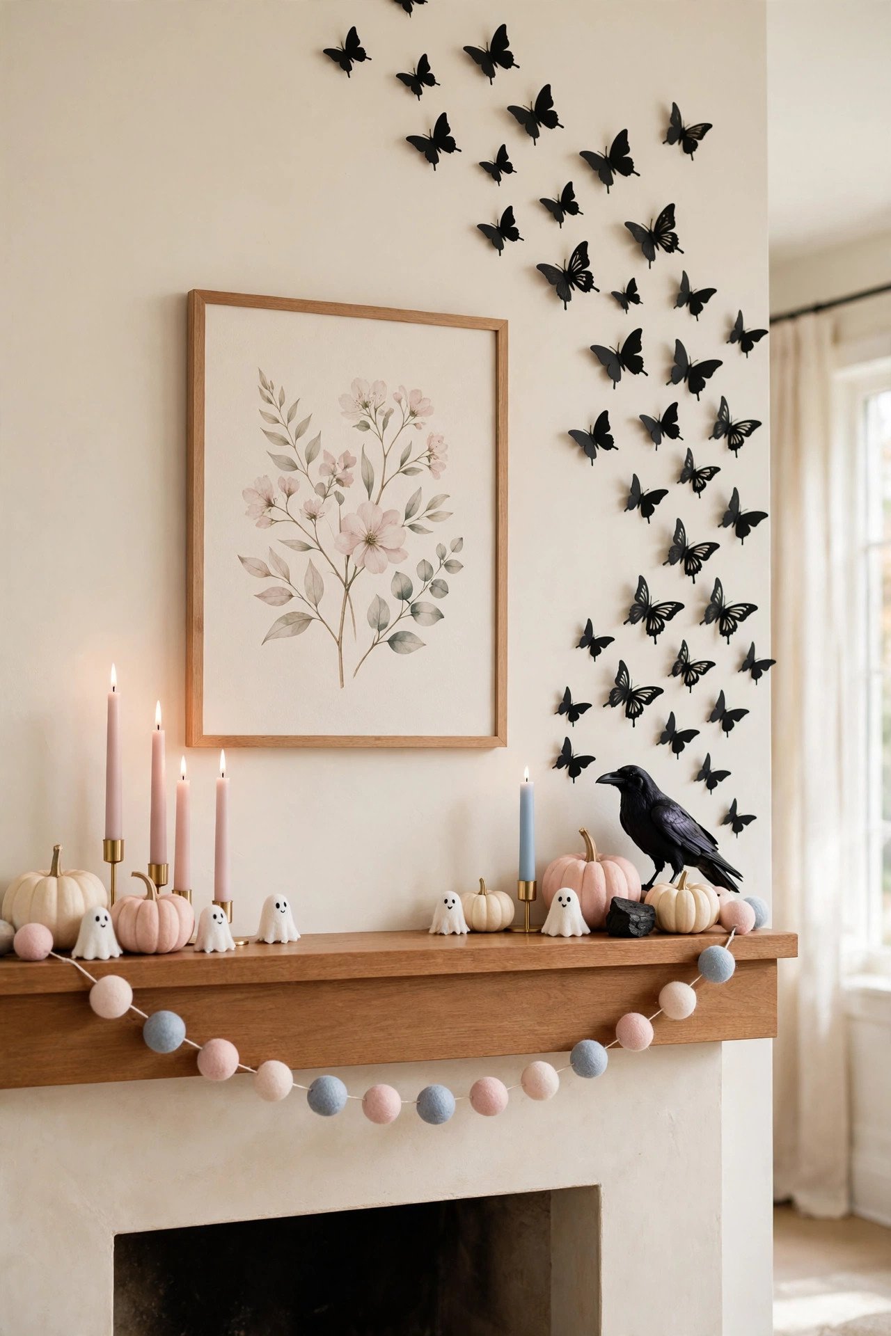 Blush pink Halloween mantel with pink candles, pastel pumpkins and black butterflies