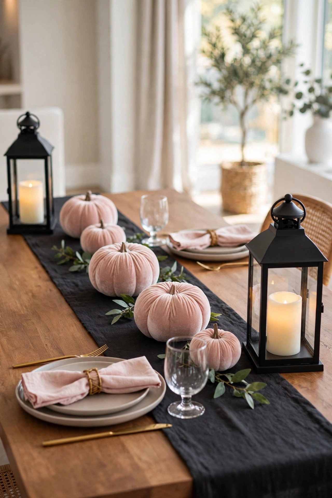 Black metal lanterns with LED candles at both ends of a Halloween dinner table