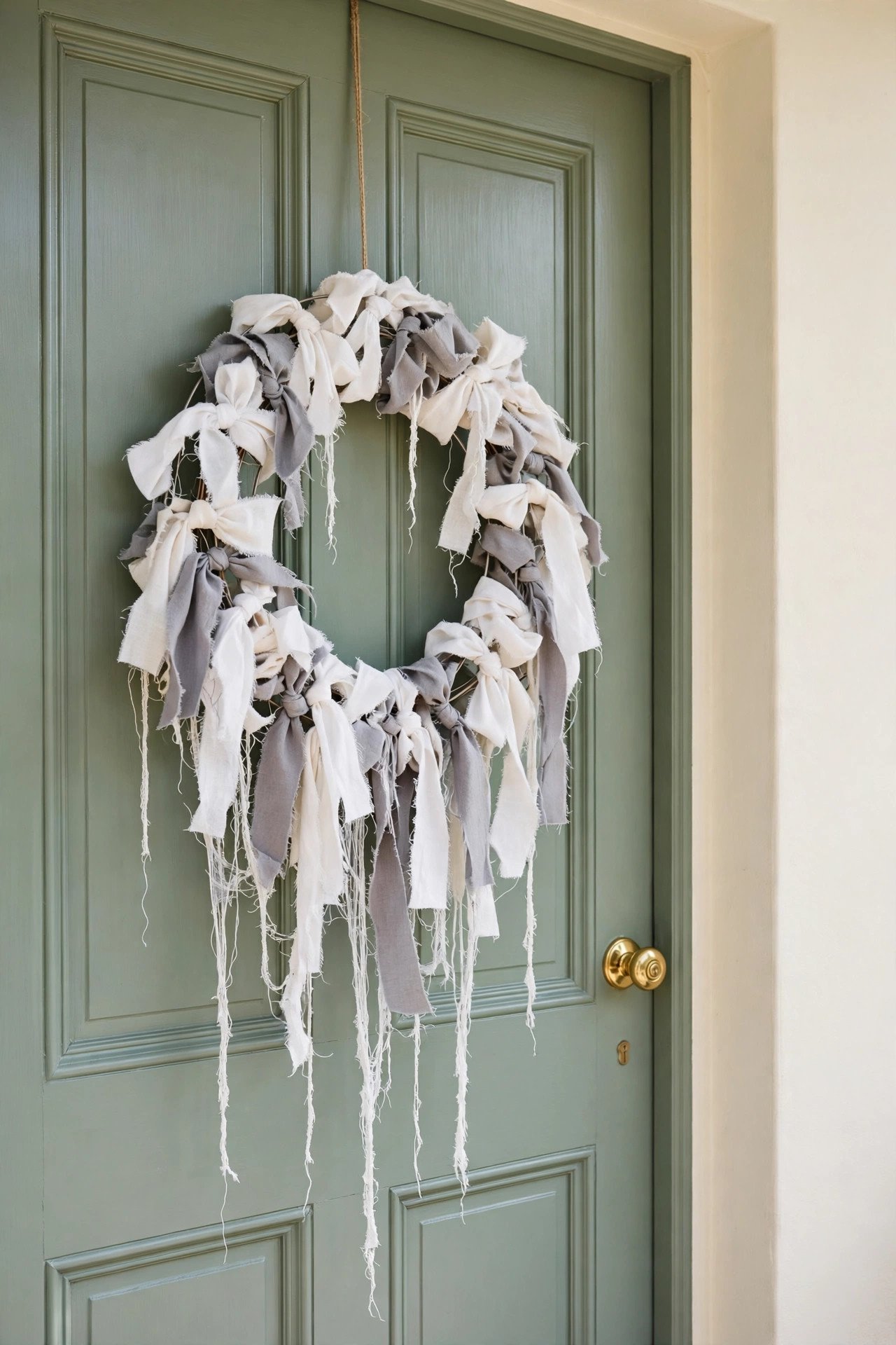 Halloween wreath of torn muslin fabric strips with frayed edges tied around a wire ring
