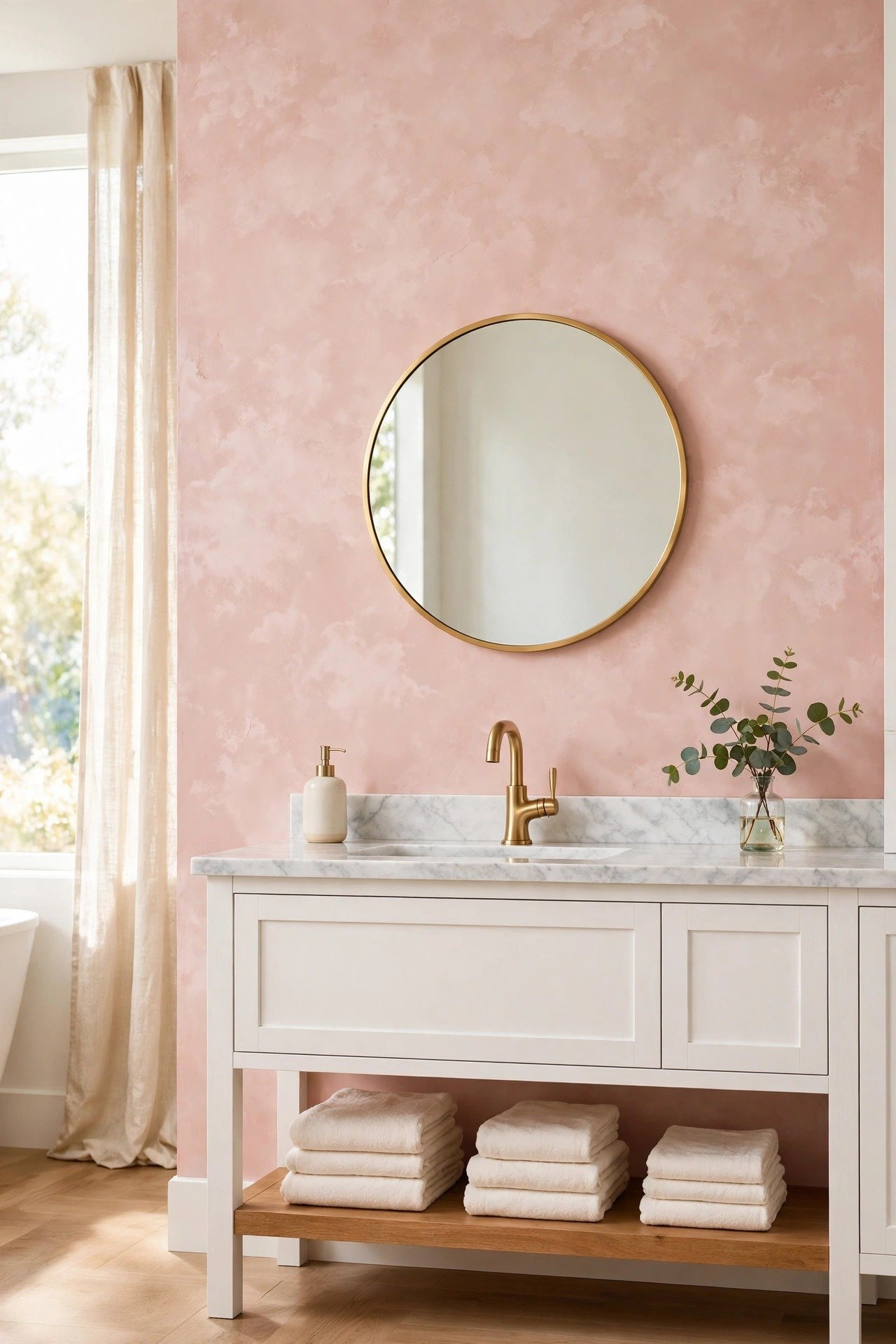 Blush pink limewash wall with soft texture in a bright bathroom with white vanity