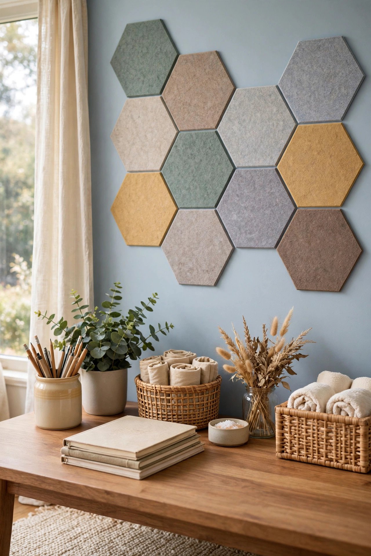 Felt hexagon wall tiles in muted colors creating a geometric accent in soft blue tones