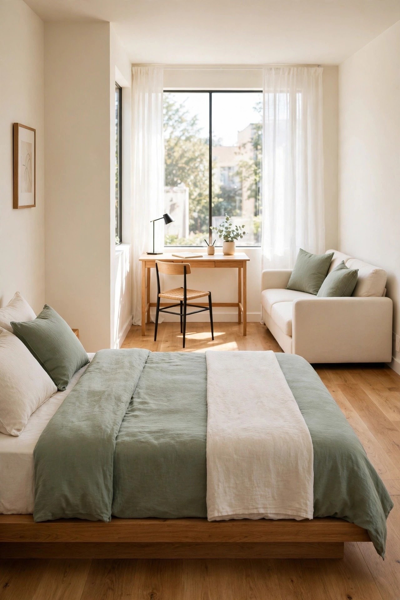 Tiny studio apartment layout idea with a low platform bed keeping sightlines open in sage green and cream