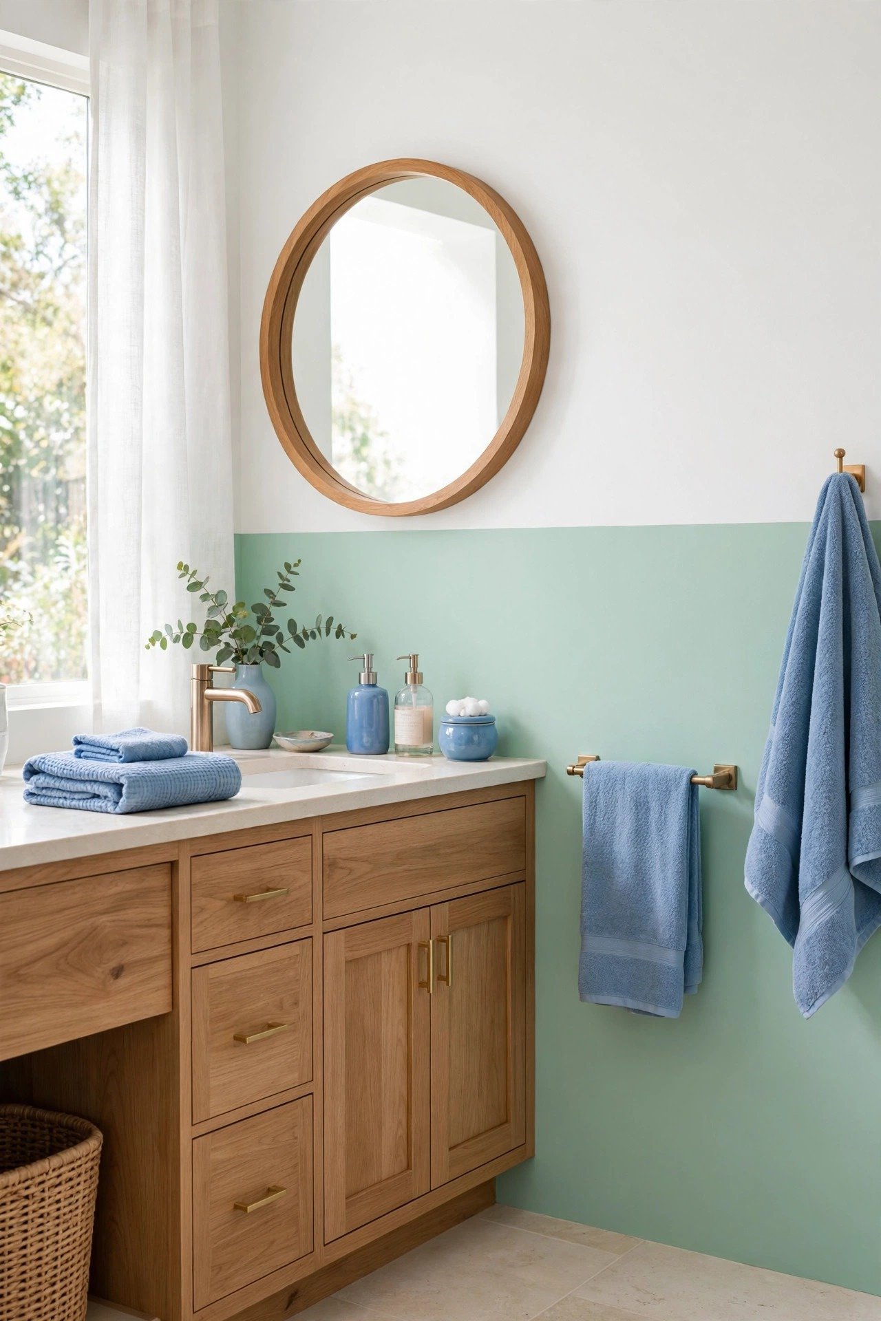 Mint green and white two tone wall paint ideas with refreshing mint and bright white on a bathroom wall