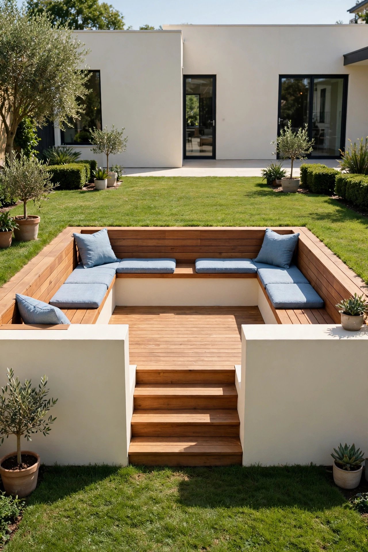 Sunken wooden deck set lower than the yard with private seating