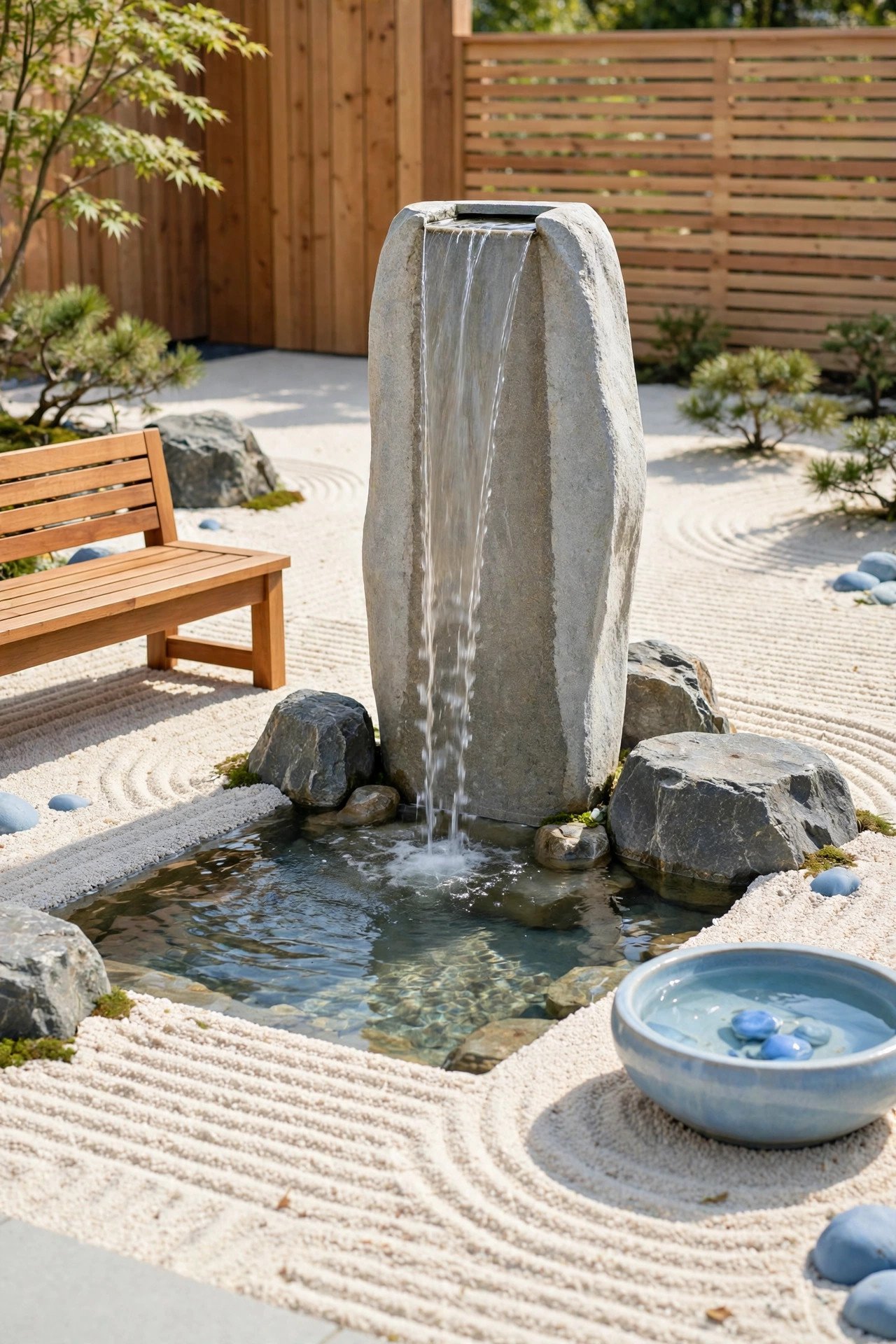 Zen garden waterfall with raked gravel and stones