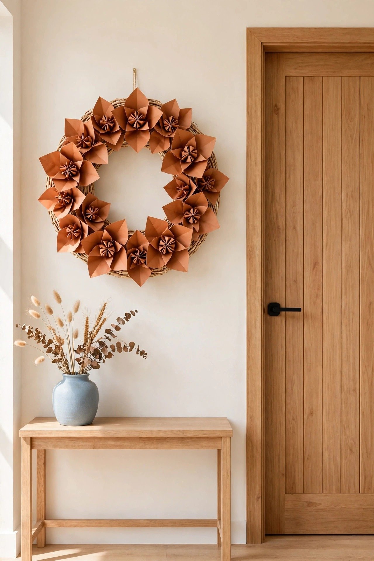 Wreath of folded terracotta clay-toned paper flowers with visible folded centers on a cream vestibule wall
