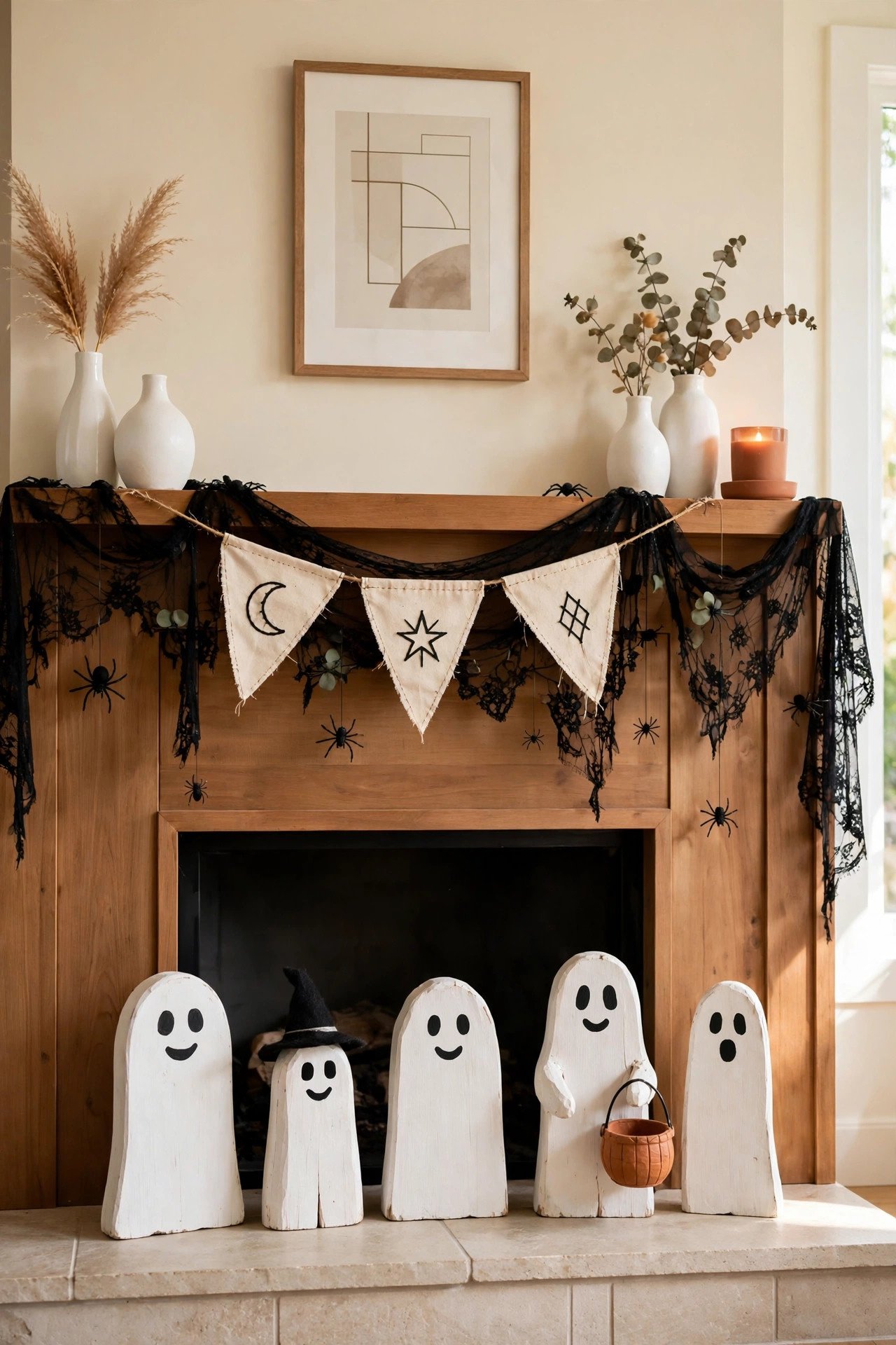 Fireplace with handmade wooden ghost figures, black lace and spider ornaments