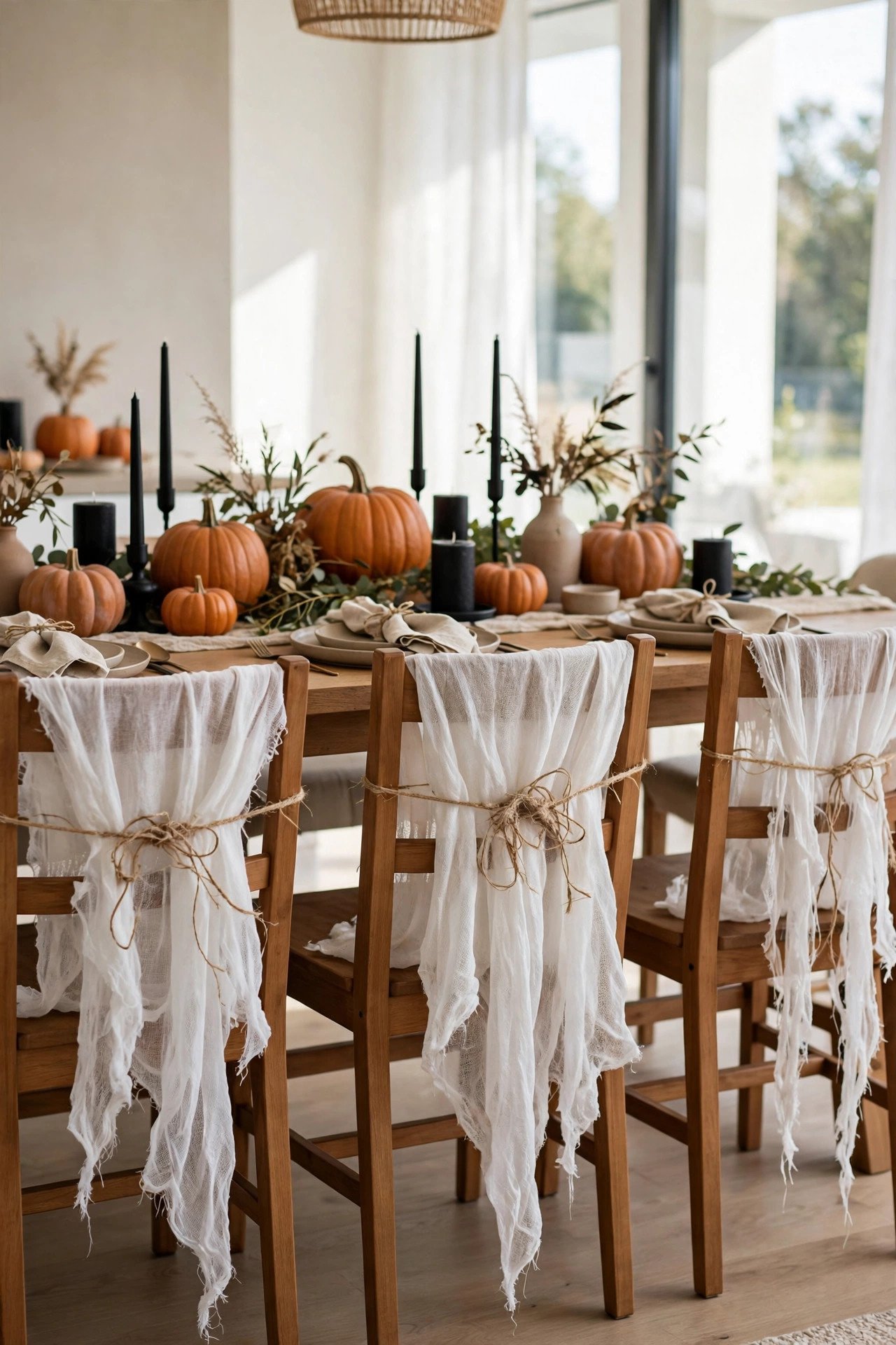 Dining chairs draped with white cheesecloth behind a decorated Halloween table