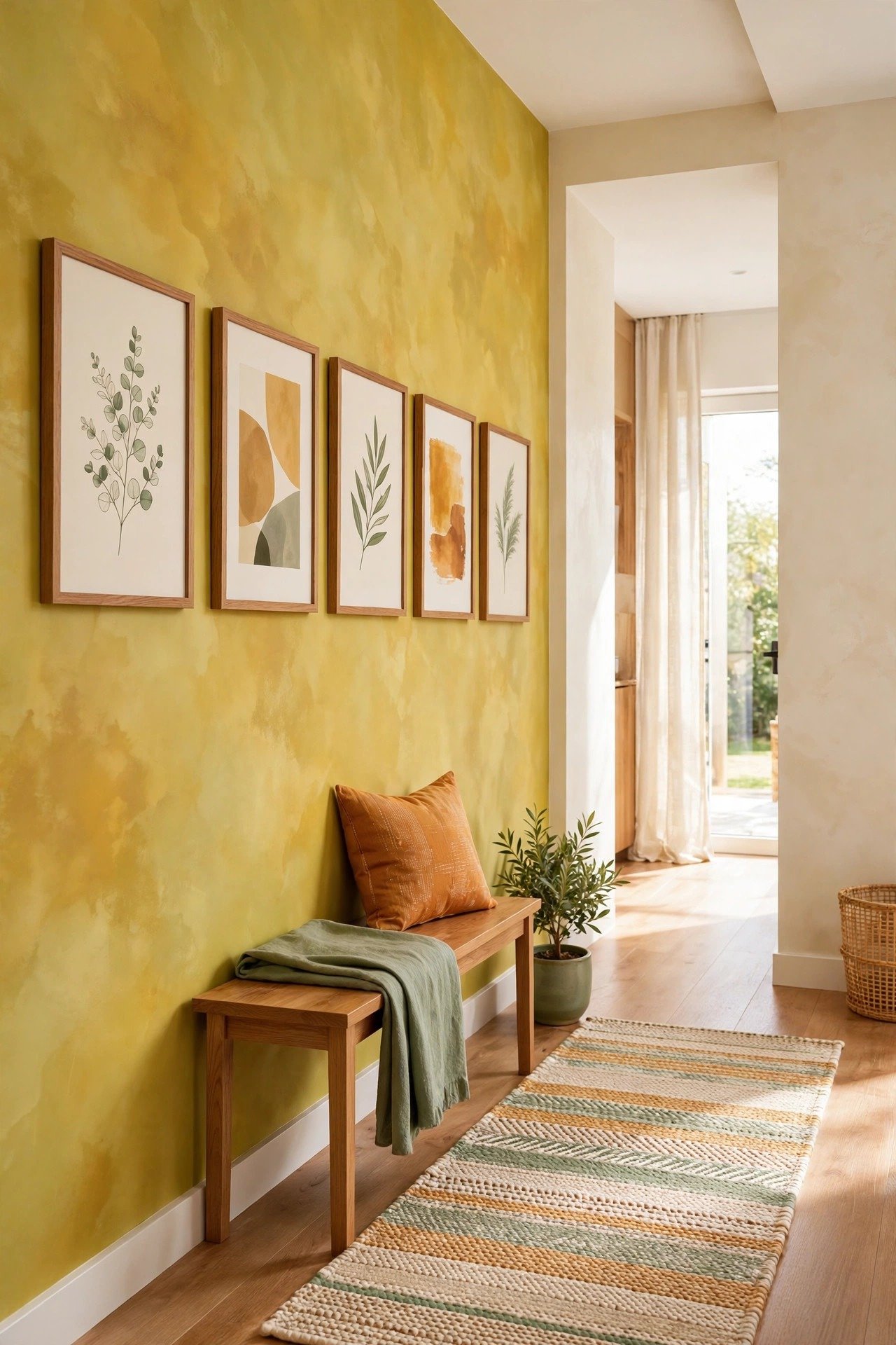 Mustard yellow limewash wall with warm texture in a narrow hallway with framed art