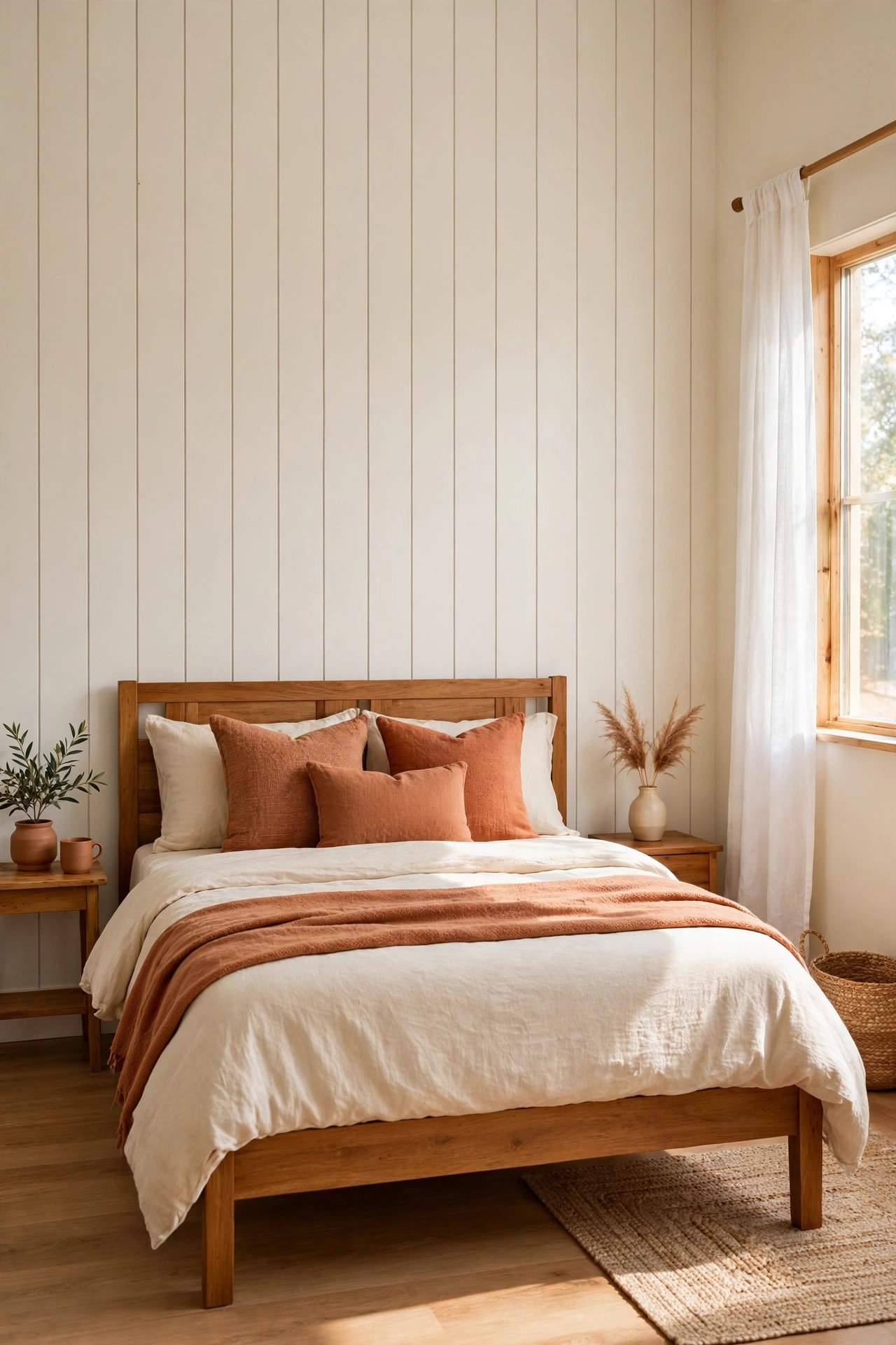 Vertical white shiplap wall treatment behind a queen bed adding height to a small bedroom