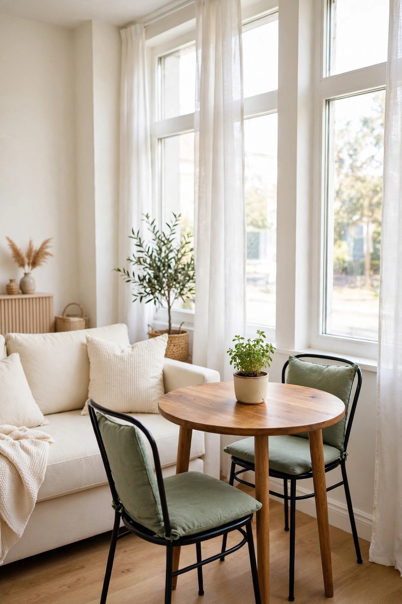 Compact bistro-style dining set in a small living dining combo, petite round table and two slim chairs in a corner