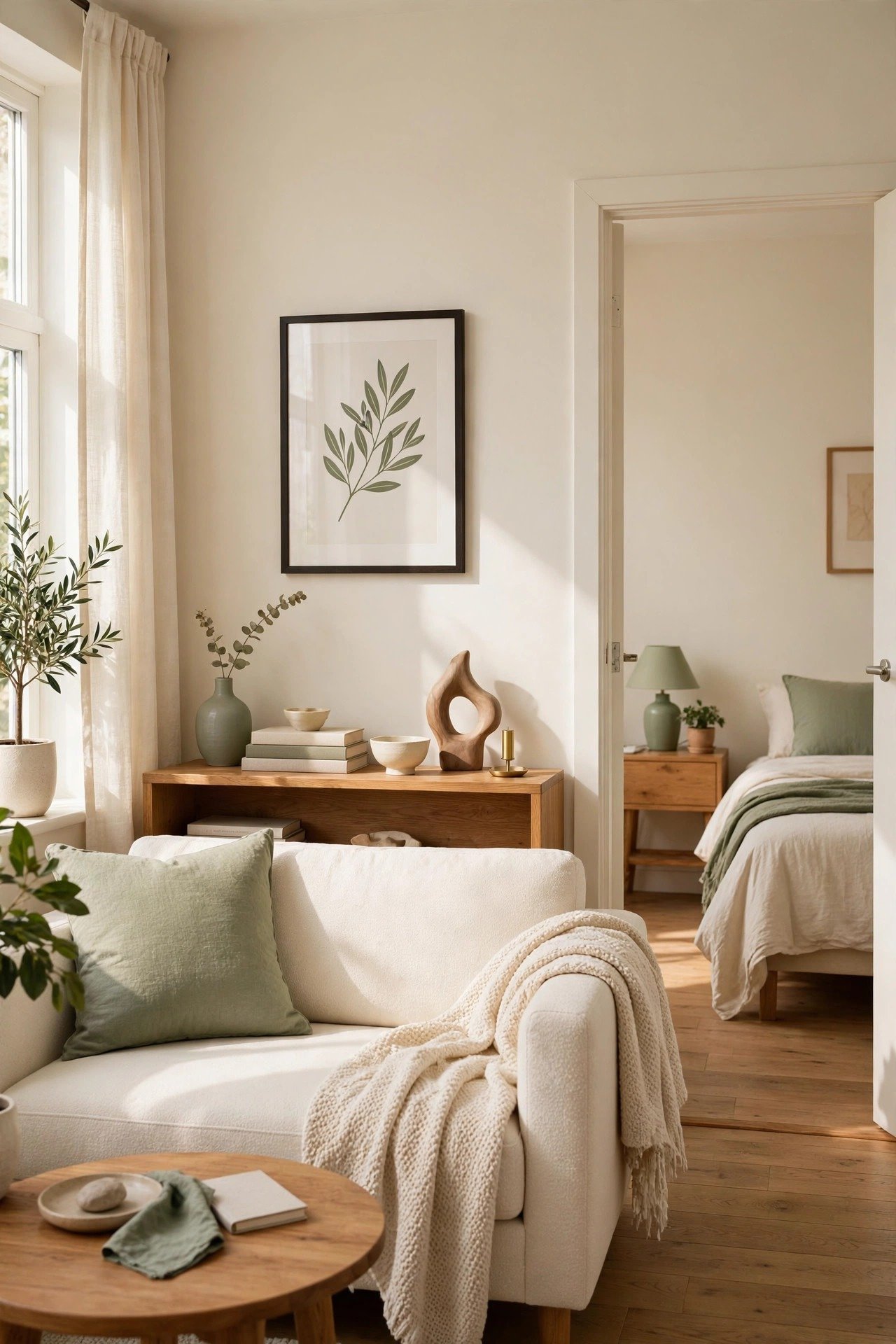 Small one bedroom apartment layout ideas with simple minimal decor, a few statement pieces on a clean living room shelf