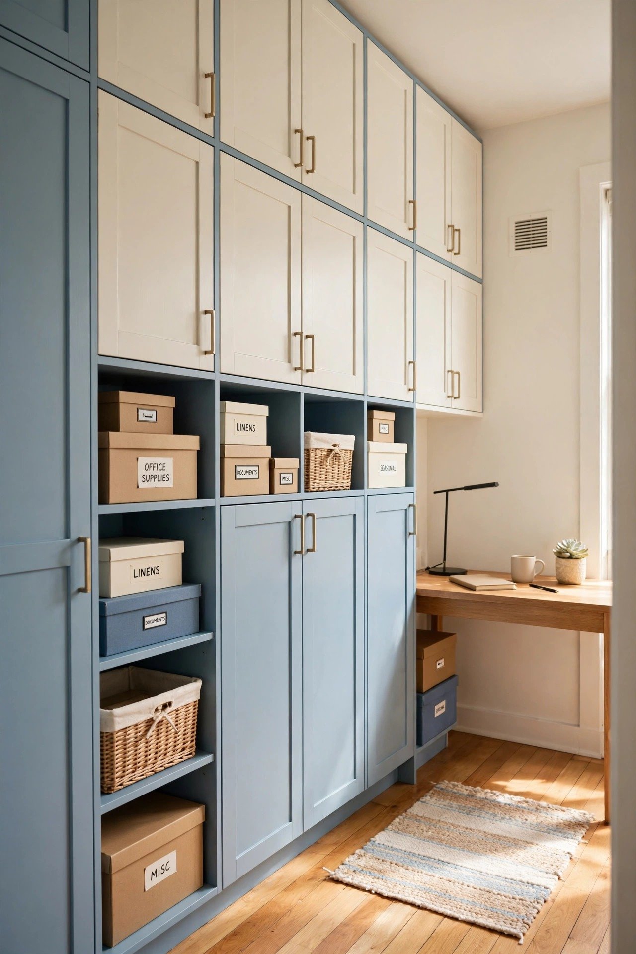 Tiny studio apartment layout idea with tall vertical storage cabinets reaching to the ceiling in soft blue and cream
