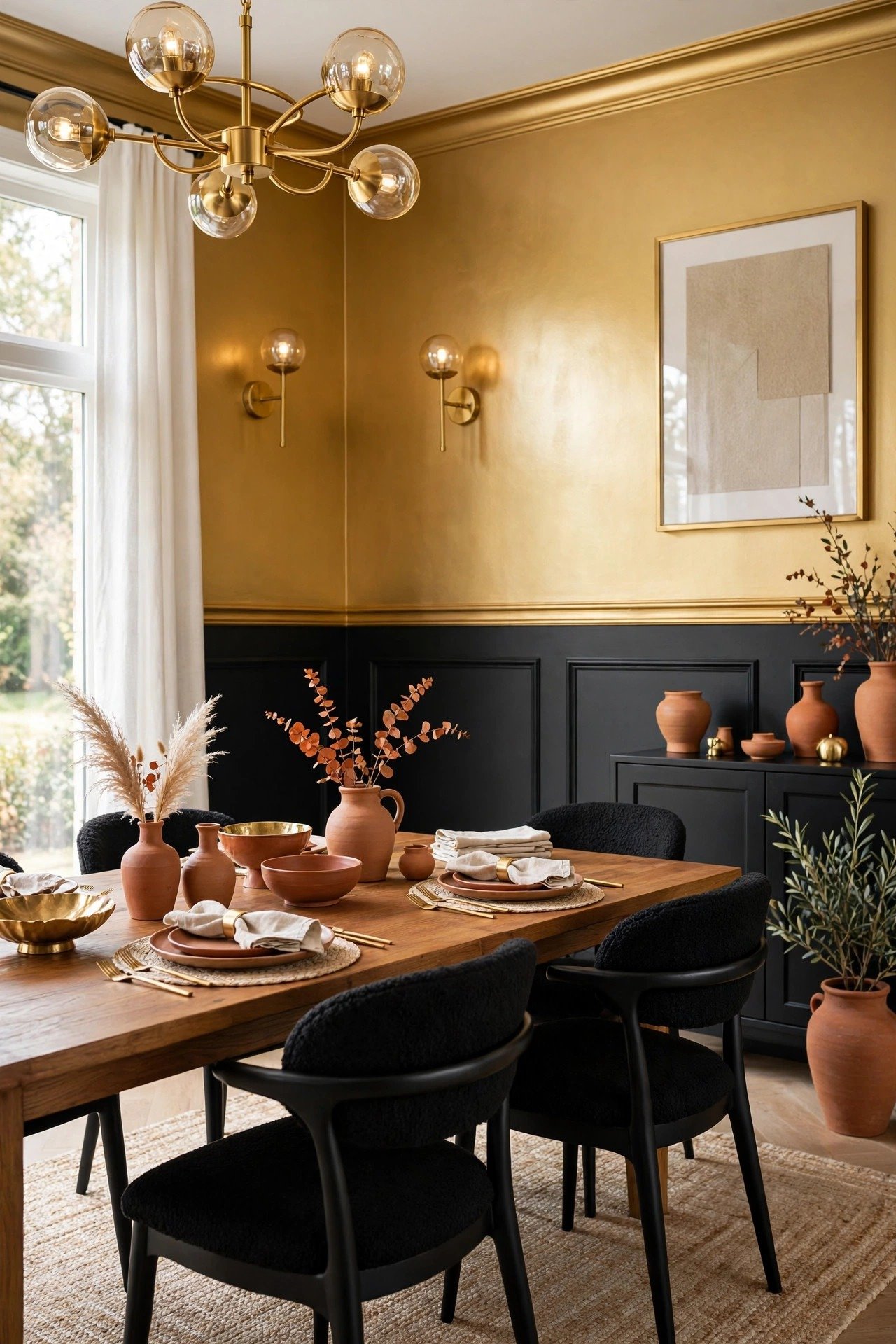 Black and gold two tone wall paint ideas with dramatic black walls and rich gold accents in a luxurious dining room