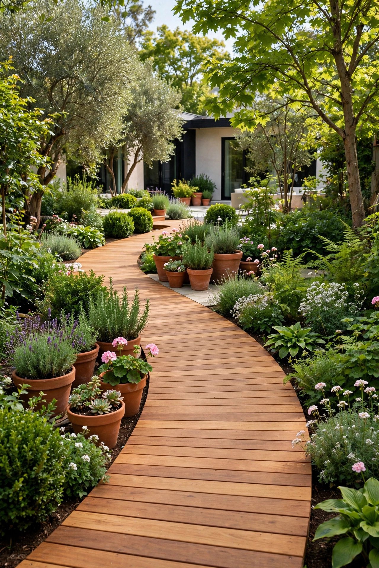 Wooden boardwalk deck path leading through a green backyard