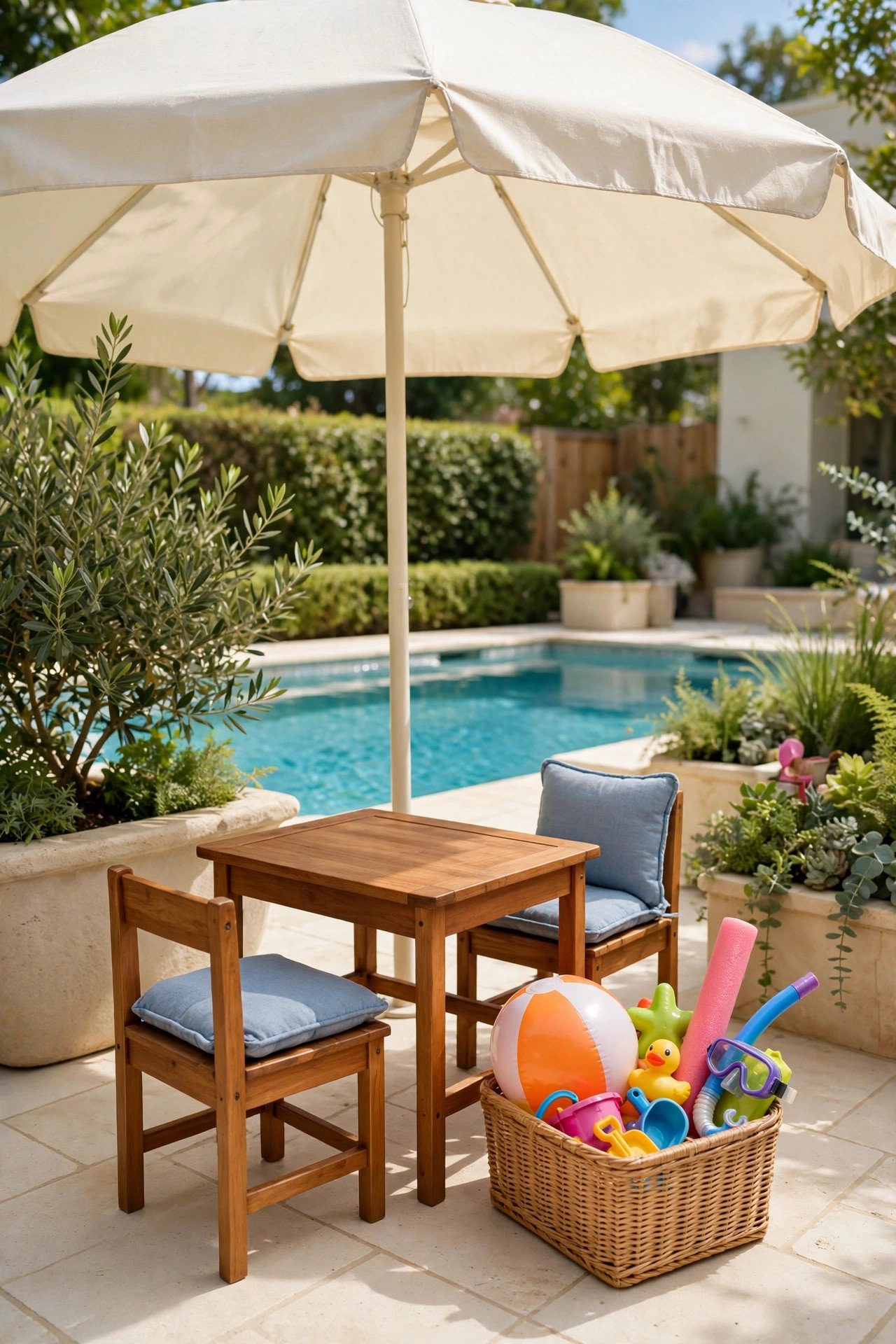 Shaded play corner with umbrella by the pool